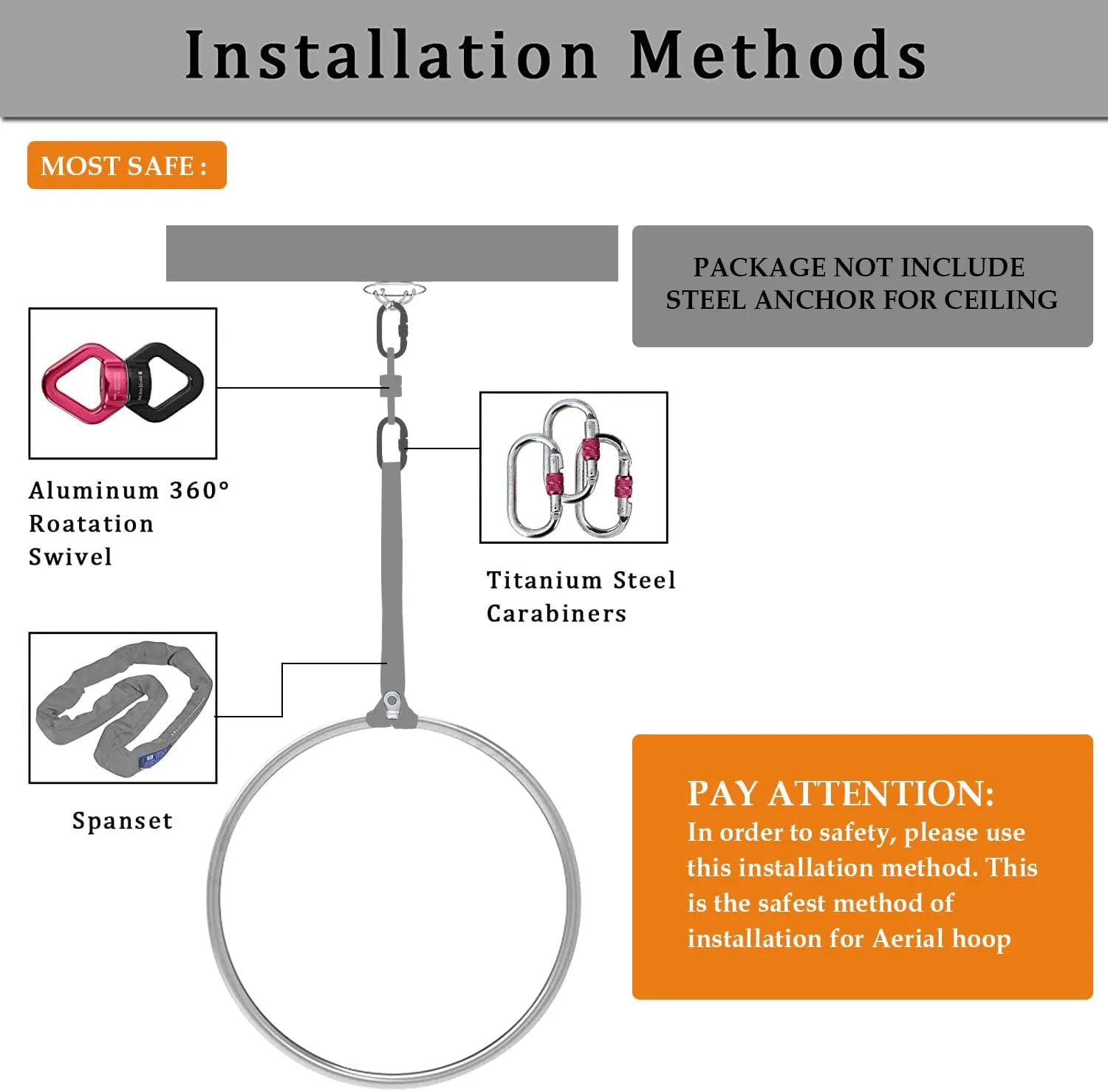 DASKING Aerial Hoop 85cm/90cm Aerial Ring Set Fully Strength Tested 500LBS Single Point Circus Aerial Equipment Yoga Hoop with Accessories and Storage Bag to Carry Yoga Equipment
