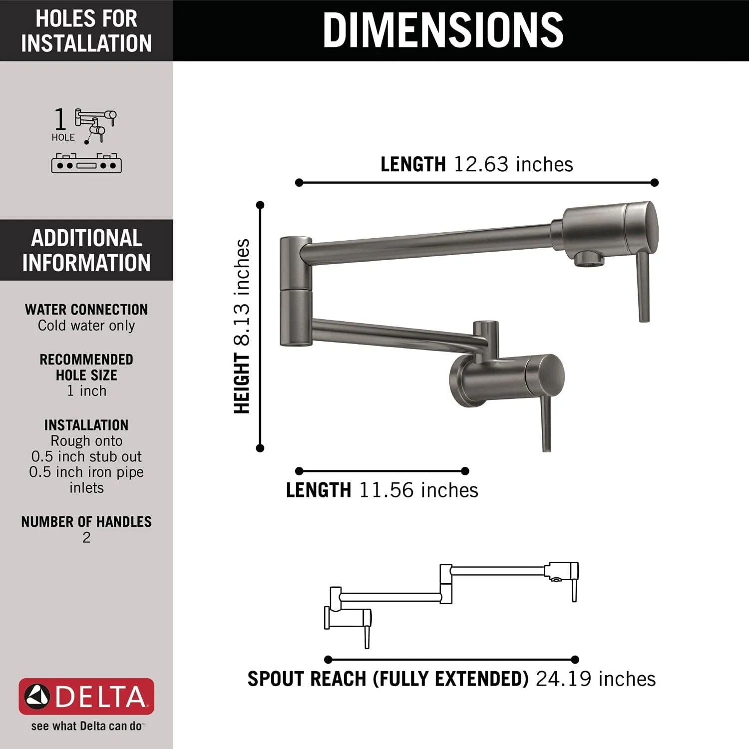 Delta Faucet Contemporary Wall Mount Pot Filler Faucet, Black Pot Filler Kitchen Faucet, Delta Pot Filler, Wall Mount Kitchen Faucet, Potfiller, Black Stainless 1165LF-KS