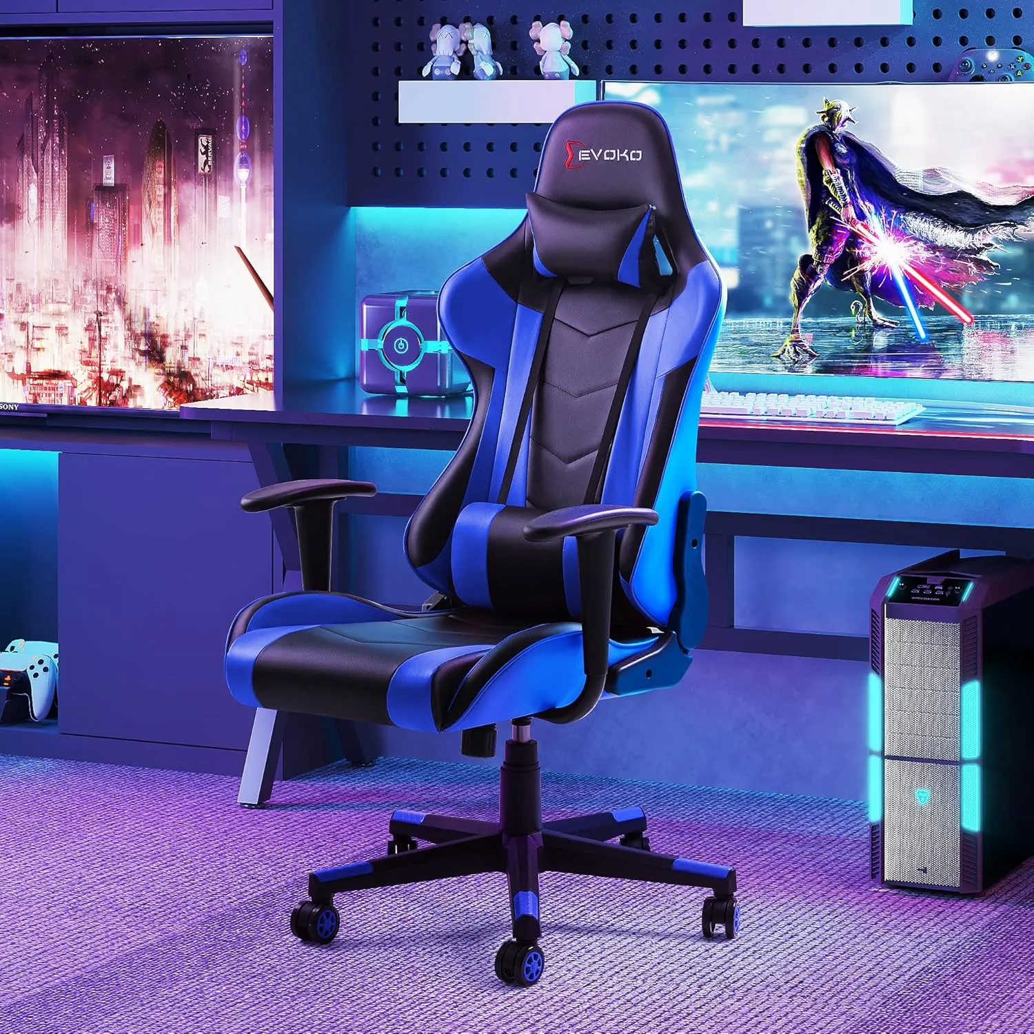 Devoko Ergonomic Gaming Chair Racing Style Adjustable Height High Back PC Computer Chair with Headrest and Lumbar Support Executive Office Chair (Blue)