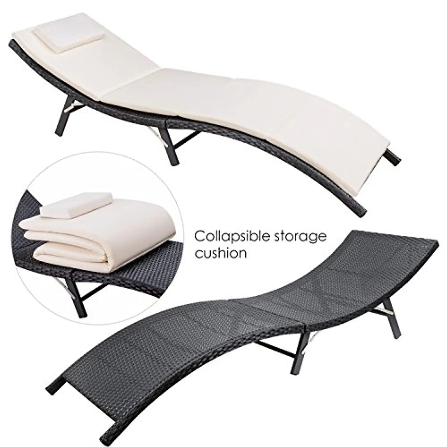 Devoko Patio Chaise Lounge Outdoor Rattan Patio Folding Lounge Chair with Cushion (Black)