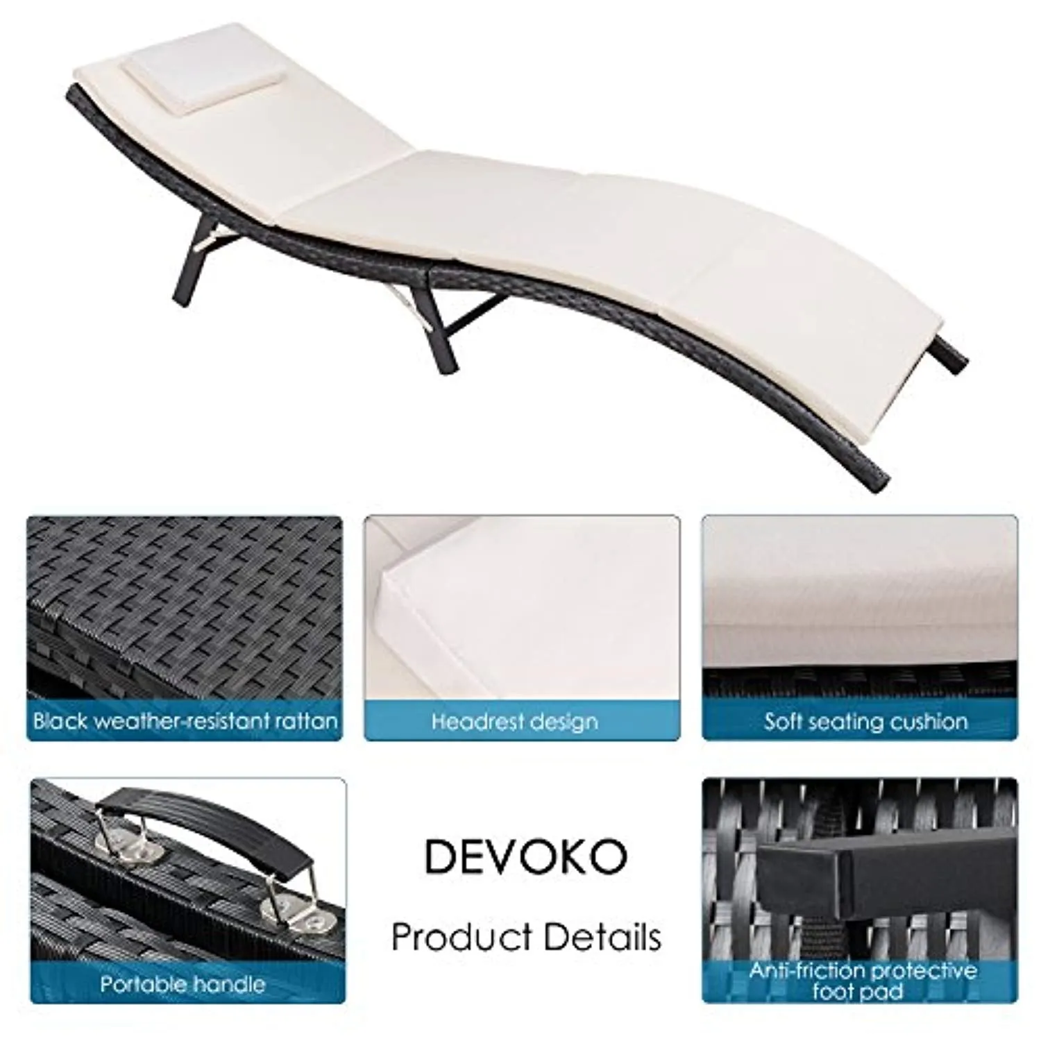 Devoko Patio Chaise Lounge Outdoor Rattan Patio Folding Lounge Chair with Cushion (Black)