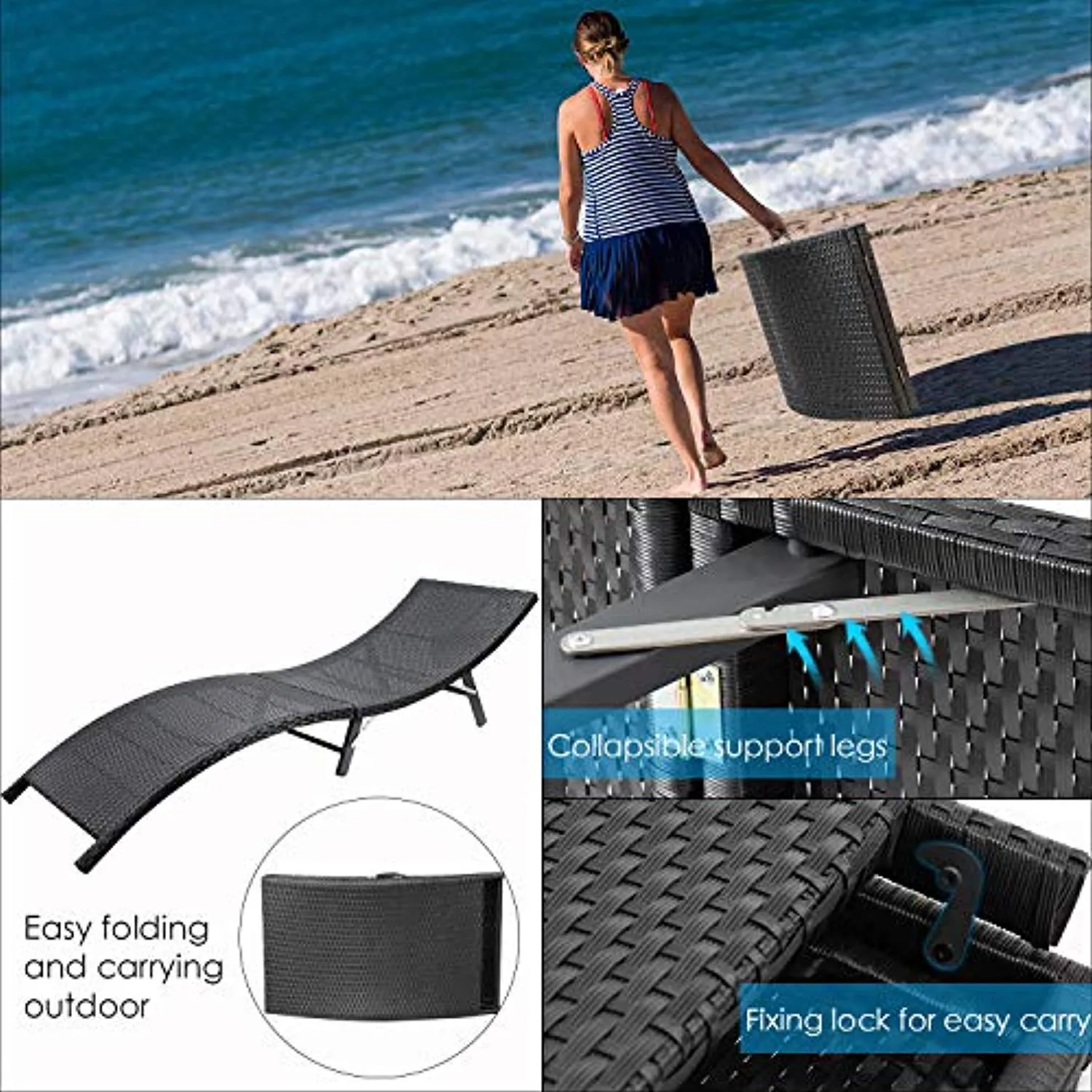 Devoko Patio Chaise Lounge Outdoor Rattan Patio Folding Lounge Chair with Cushion (Black)
