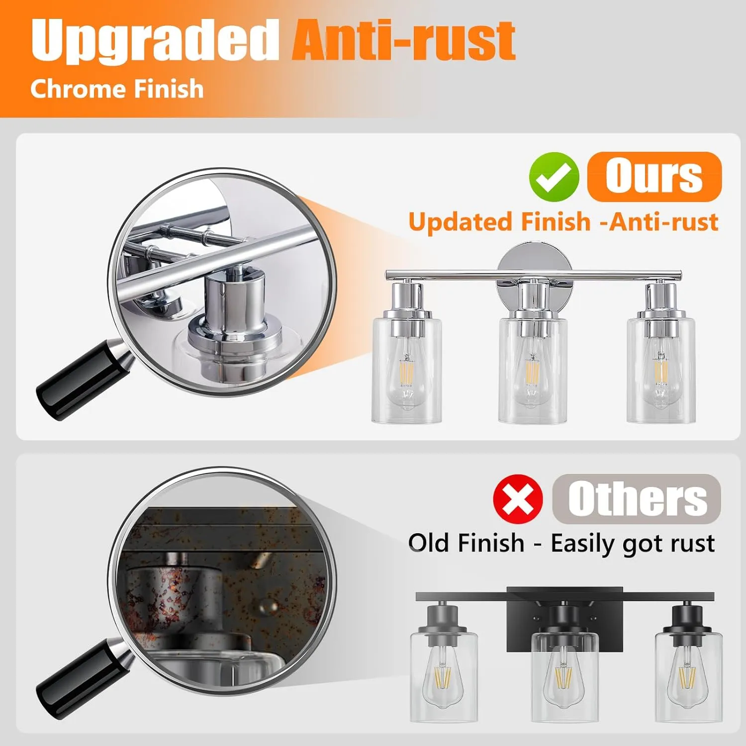 DLLT 3-Light Bathroom Light Fixtures: Chrome Modern Vanity Lights with 3 E26 Bulbs - Clear Glass Shade Bathroom Wall Lamp for Mirror Kitchen Living Room Hallway Cabinet Porch