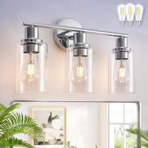 DLLT 3-Light Bathroom Light Fixtures: Chrome Modern Vanity Lights with 3 E26 Bulbs - Clear Glass Shade Bathroom Wall Lamp for Mirror Kitchen Living Room Hallway Cabinet Porch