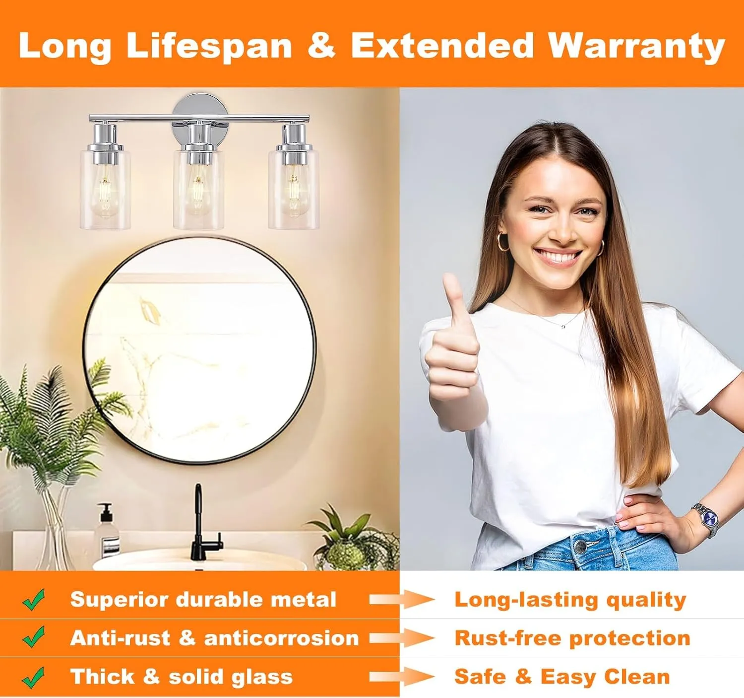 DLLT 3-Light Bathroom Light Fixtures: Chrome Modern Vanity Lights with 3 E26 Bulbs - Clear Glass Shade Bathroom Wall Lamp for Mirror Kitchen Living Room Hallway Cabinet Porch
