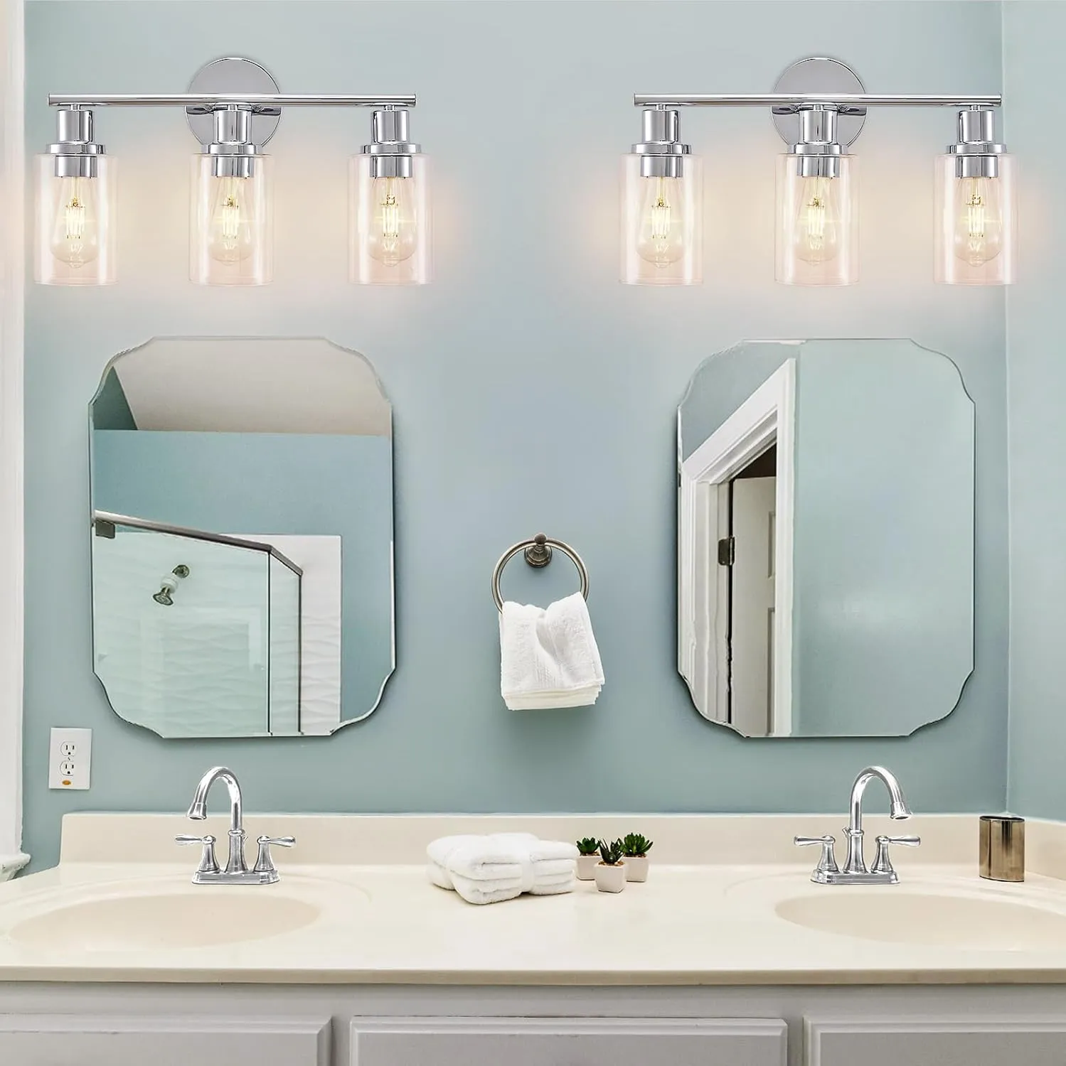 DLLT 3-Light Bathroom Light Fixtures: Chrome Modern Vanity Lights with 3 E26 Bulbs - Clear Glass Shade Bathroom Wall Lamp for Mirror Kitchen Living Room Hallway Cabinet Porch