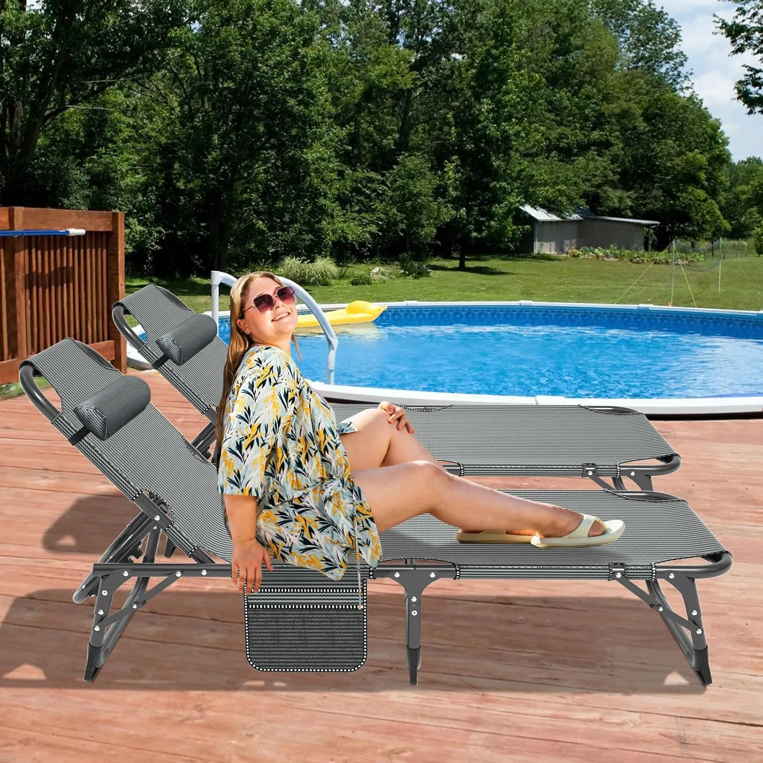 DoCred Heavy Duty Chaise Lounge Chair, Adjustable 5-Position Folding Chaise Lounge Chairs for Outside, Portable Lay Flat Beach Lounge Chair for Outdoor Sunbathing Beach Pool Lawn Camping