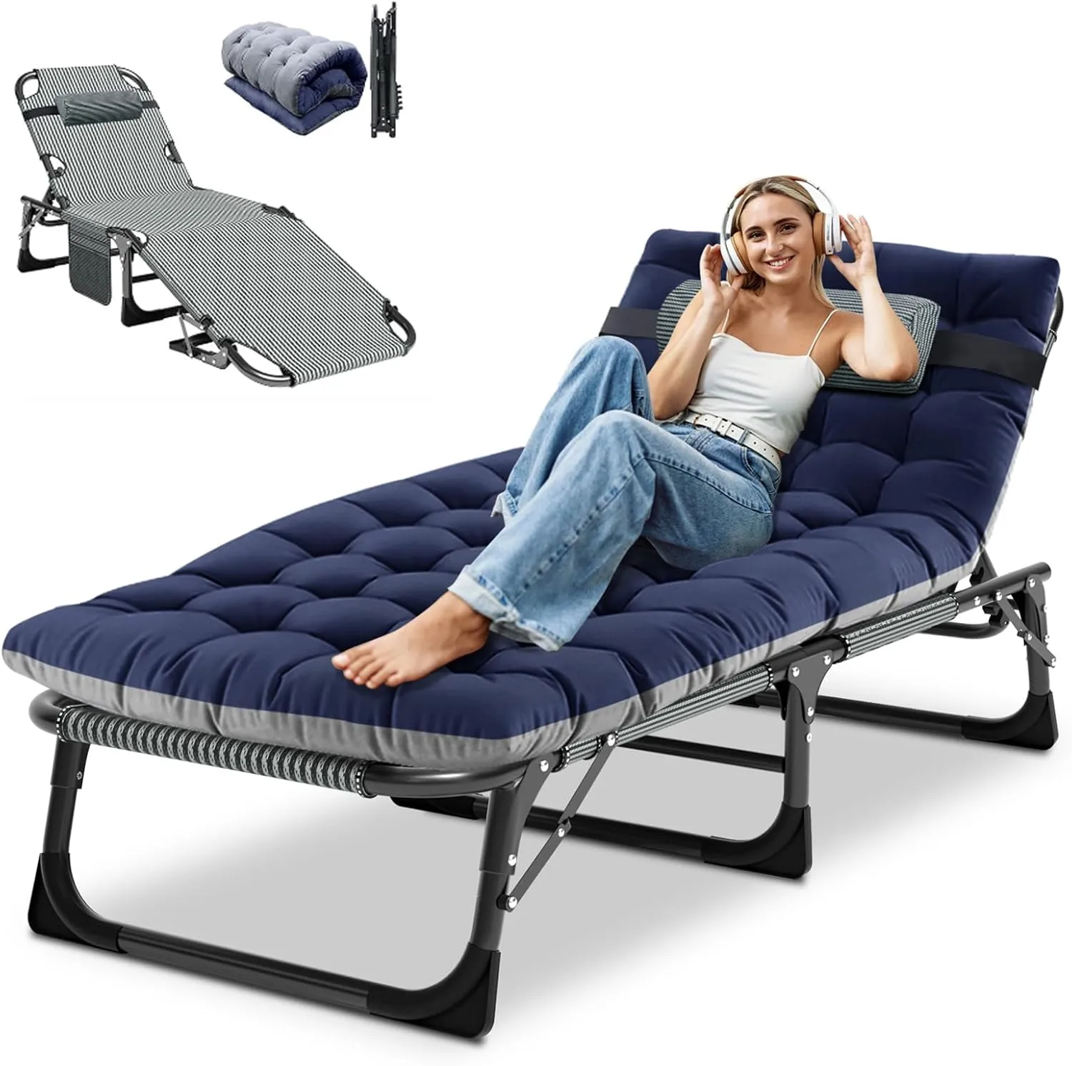 DoCred Heavy Duty Chaise Lounge Chair, Adjustable 5-Position Folding Chaise Lounge Chairs for Outside, Portable Lay Flat Beach Lounge Chair for Outdoor Sunbathing Beach Pool Lawn Camping