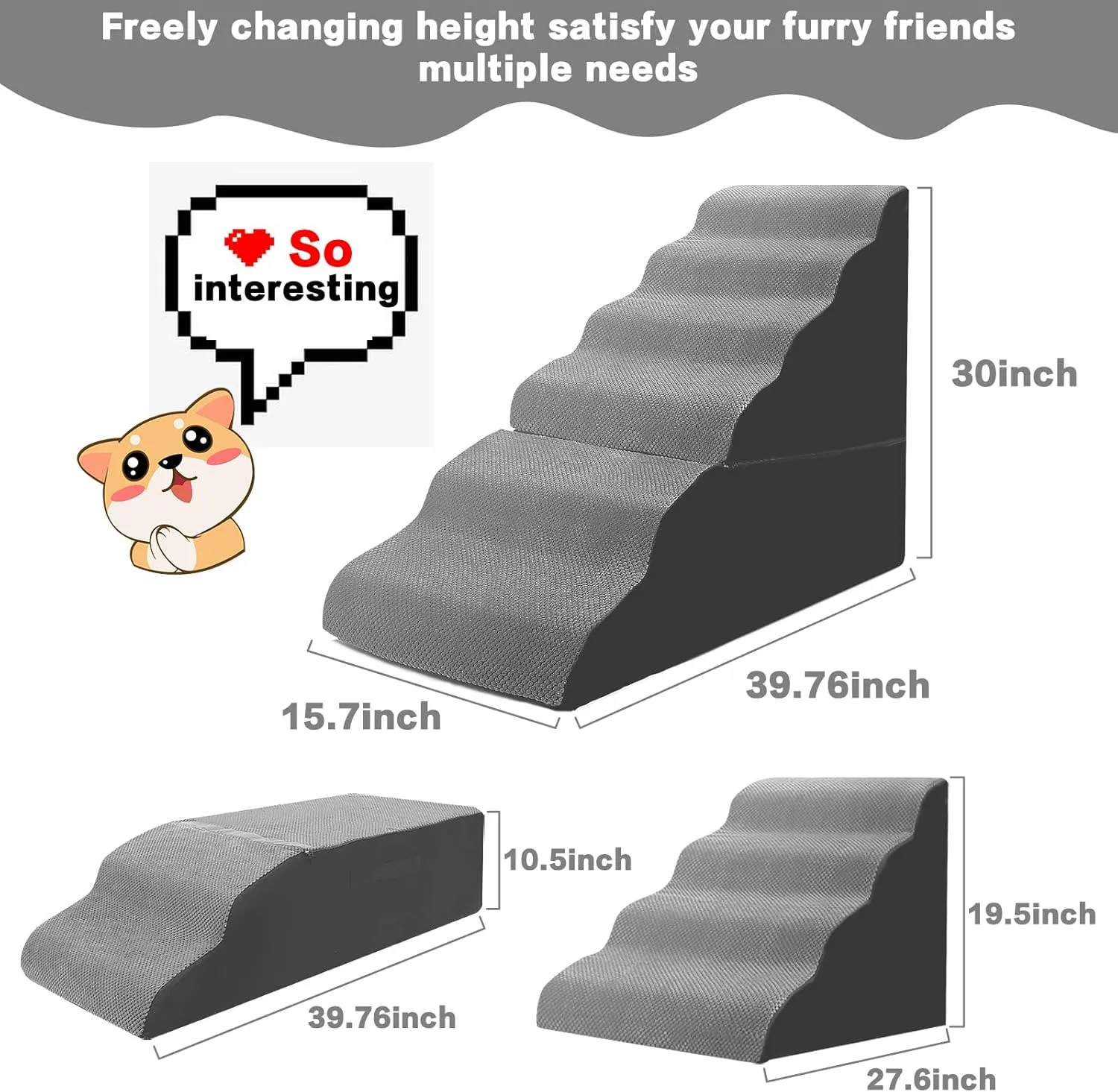 Dog Stairs for High Beds 30-36 inches Tall, 6-Step Pet Stairs/Steps for Small Large Dogs, 30D Foam Pet Dog Steps for High Bedsides, Dog Ramp/Ladder for Old Dogs/Cats, Grey