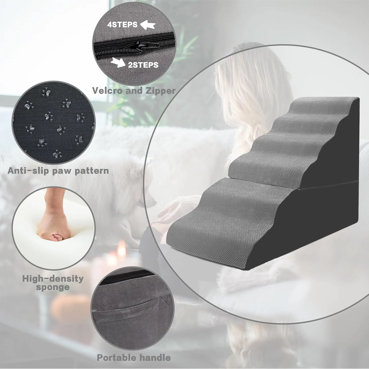 Dog Stairs for High Beds 30-36 inches Tall, 6-Step Pet Stairs/Steps for Small Large Dogs, 30D Foam Pet Dog Steps for High Bedsides, Dog Ramp/Ladder for Old Dogs/Cats, Grey
