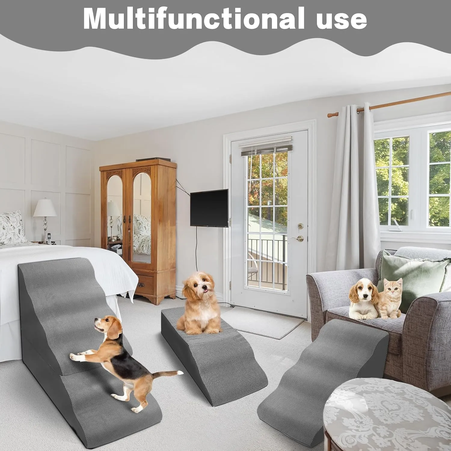 Dog Stairs for High Beds 30-36 inches Tall, 6-Step Pet Stairs/Steps for Small Large Dogs, 30D Foam Pet Dog Steps for High Bedsides, Dog Ramp/Ladder for Old Dogs/Cats, Grey