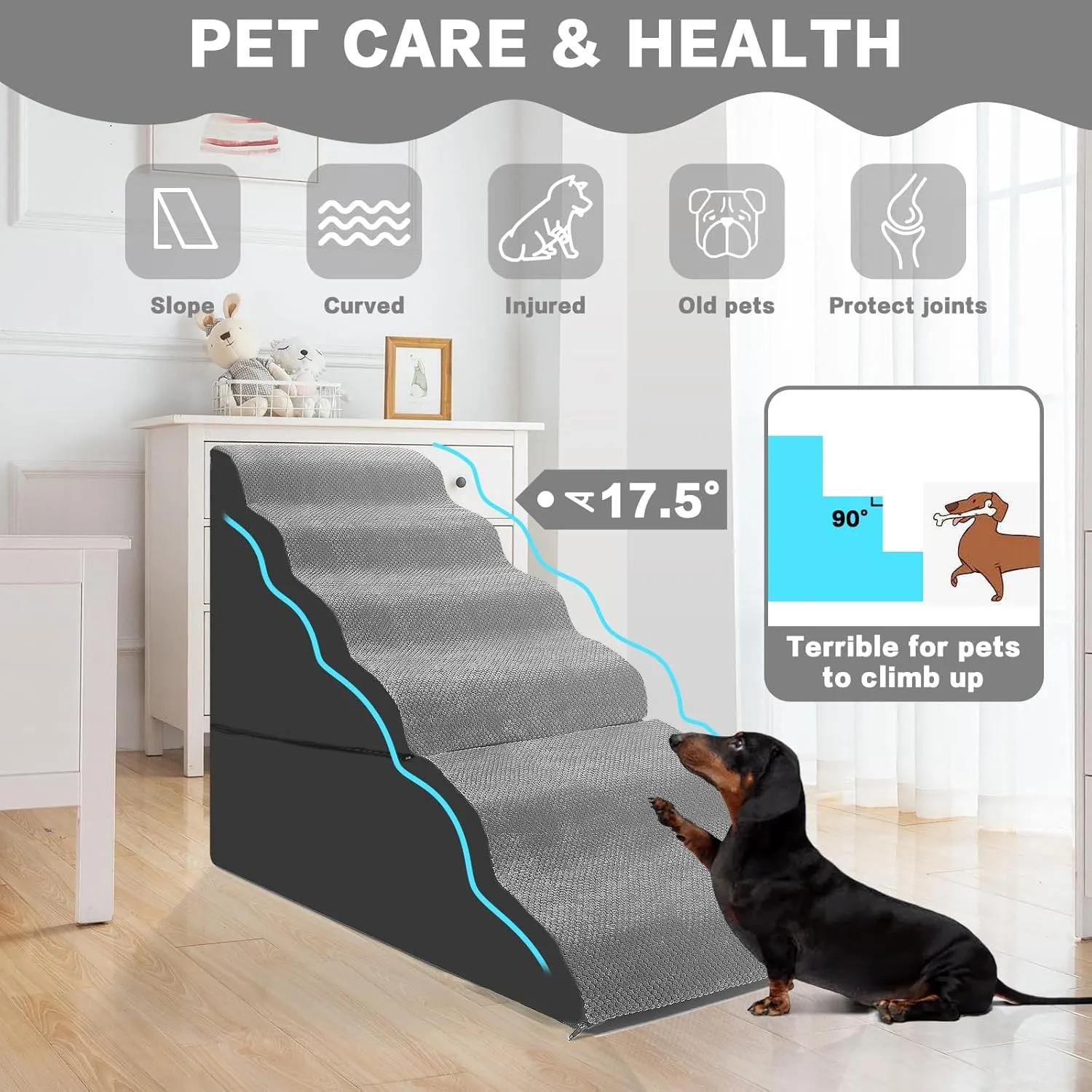 Dog Stairs for High Beds 30-36 inches Tall, 6-Step Pet Stairs/Steps for Small Large Dogs, 30D Foam Pet Dog Steps for High Bedsides, Dog Ramp/Ladder for Old Dogs/Cats, Grey
