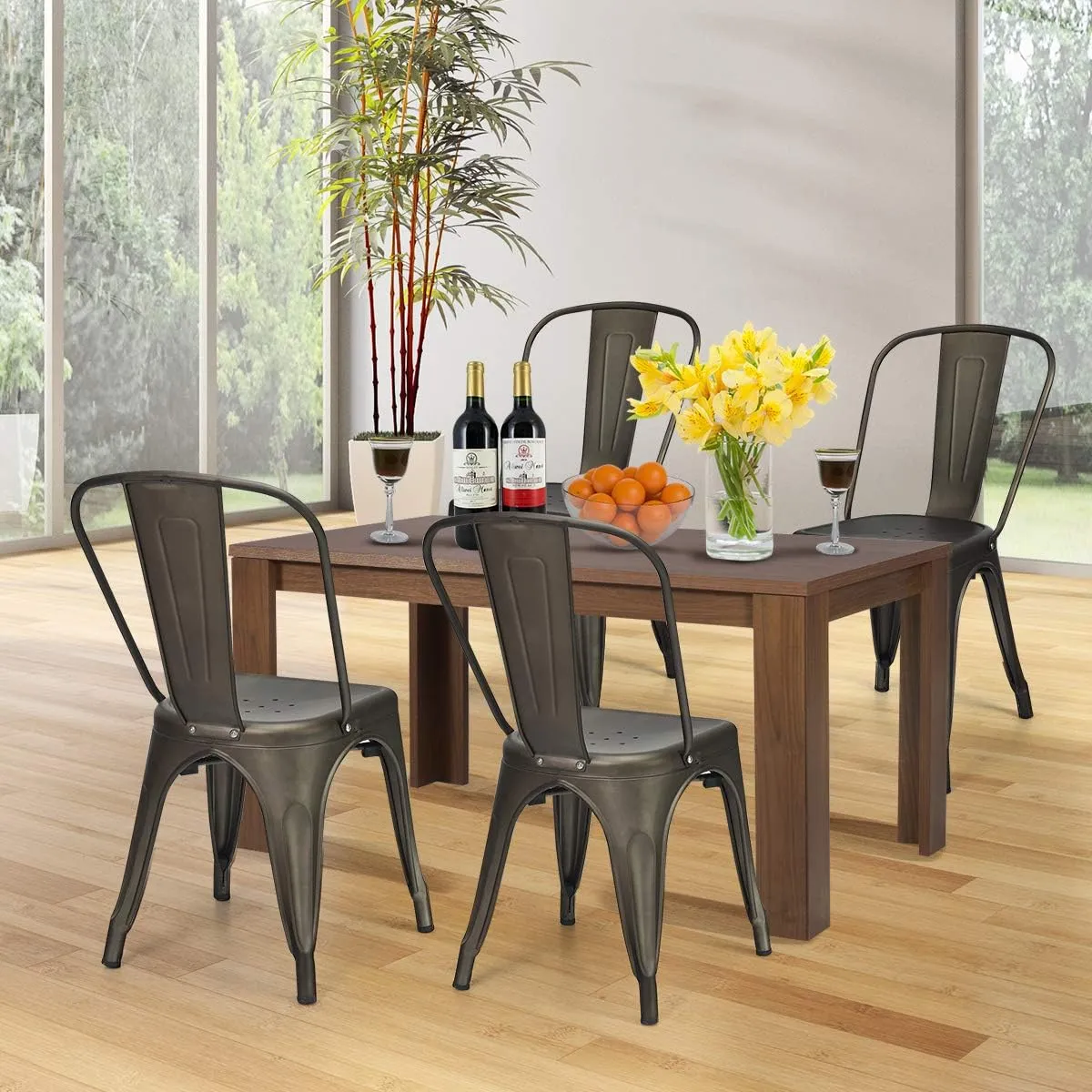 DORTALA Set of 4 Metal Dining Chair, Cafe Side Chairs w/Rubber Feet, Stylish and Modern Chairs, Stackable Bar Cafe Side Chair, Grey