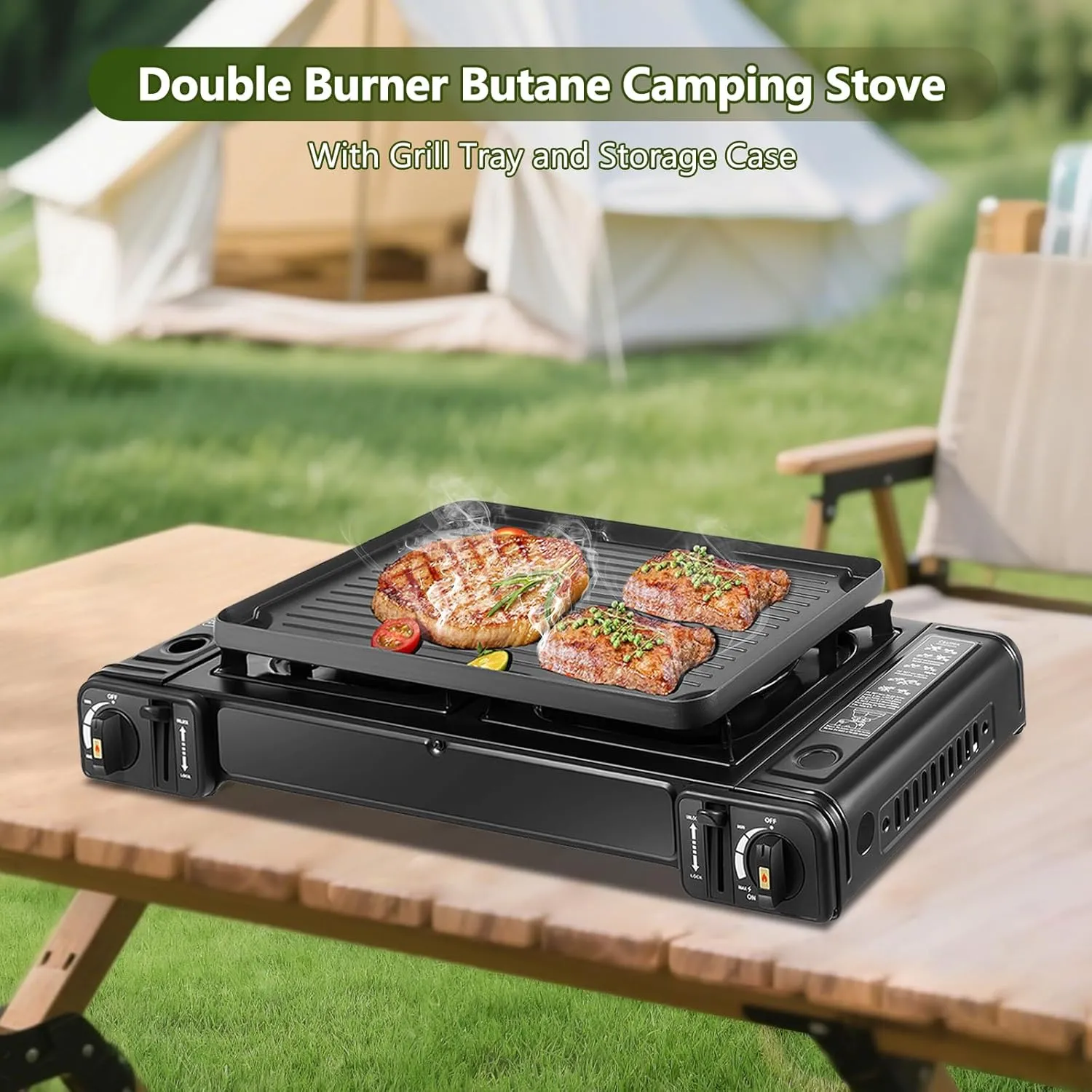 Double Burner Butane Stove, Butane Camping Stove Kit with Baking Pan and Carrying Case, Portable Auto Ignition Camping Burner LPG for RV, Apartments, Outdoor