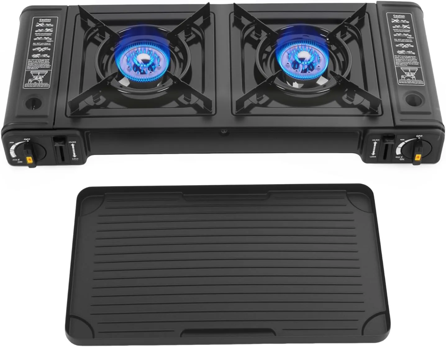 Double Burner Butane Stove, Butane Camping Stove Kit with Baking Pan and Carrying Case, Portable Auto Ignition Camping Burner LPG for RV, Apartments, Outdoor