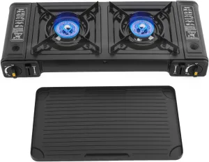 Double Burner Butane Stove, Butane Camping Stove Kit with Baking Pan and Carrying Case, Portable Auto Ignition Camping Burner LPG for RV, Apartments, Outdoor