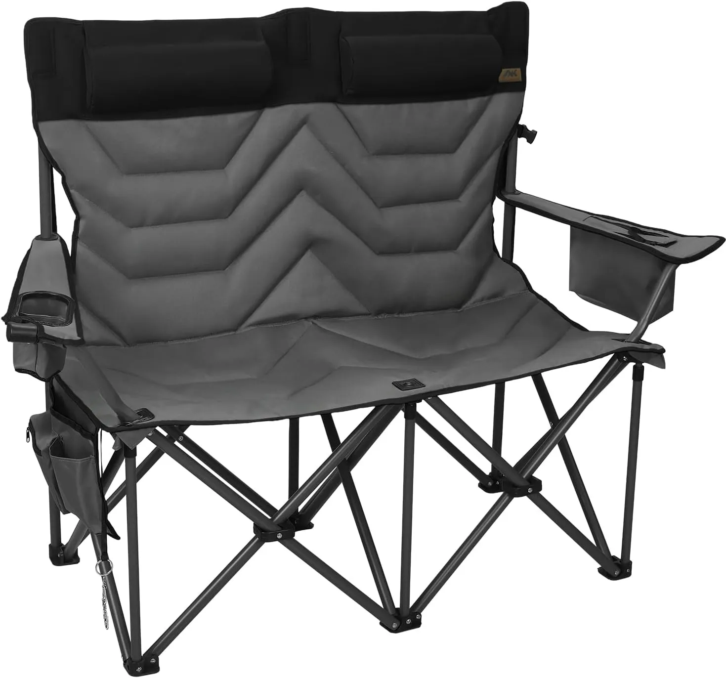 Double High-Back Camping Loveseat with Pillows, Dual Cup Holders & Cooler Bags - Oversized 2 Person Heavy Duty Folding Chair for Adults, 800LBS Capacity, Outdoor, Picnic, Lawn(BlackGrey)