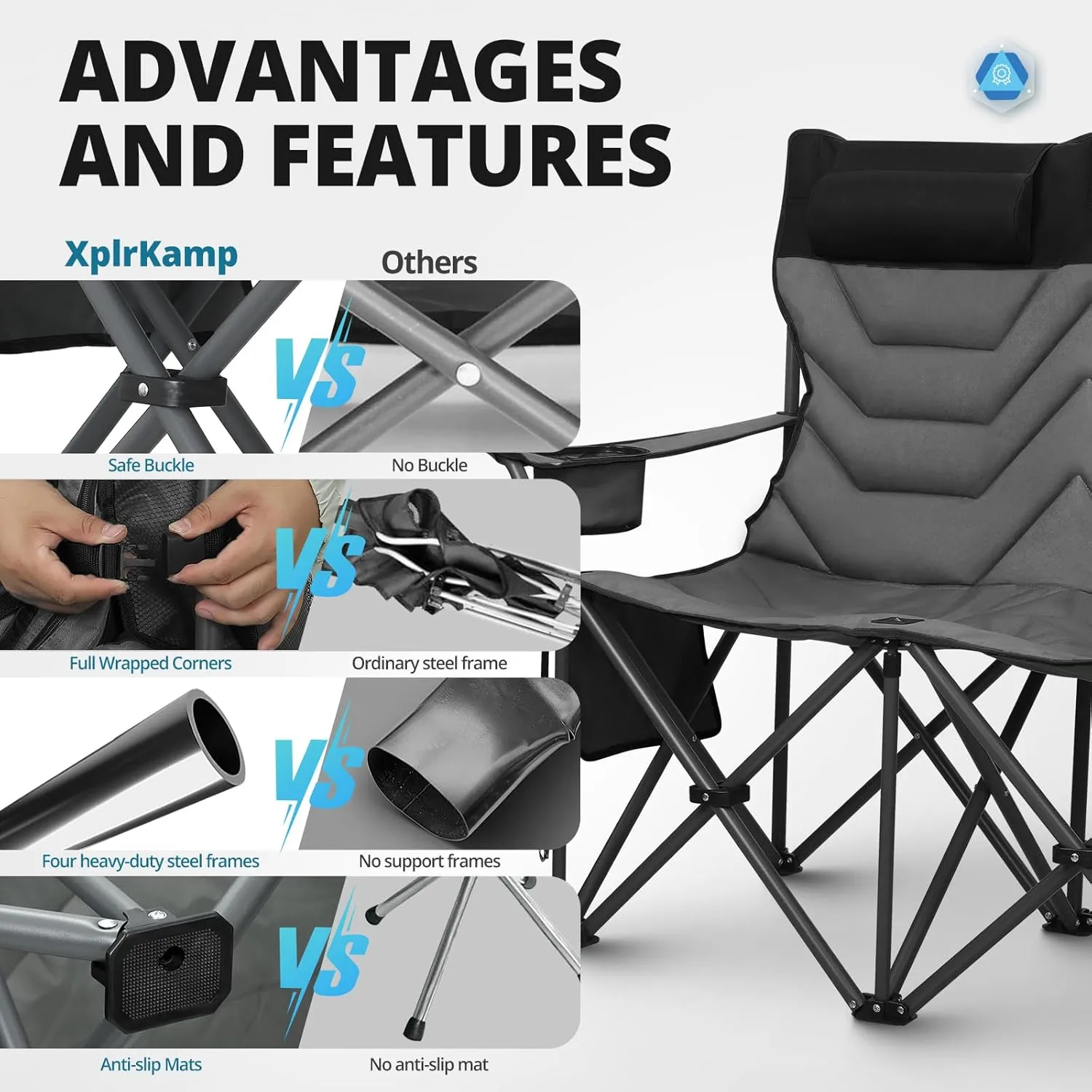 Double High-Back Camping Loveseat with Pillows, Dual Cup Holders & Cooler Bags - Oversized 2 Person Heavy Duty Folding Chair for Adults, 800LBS Capacity, Outdoor, Picnic, Lawn(BlackGrey)