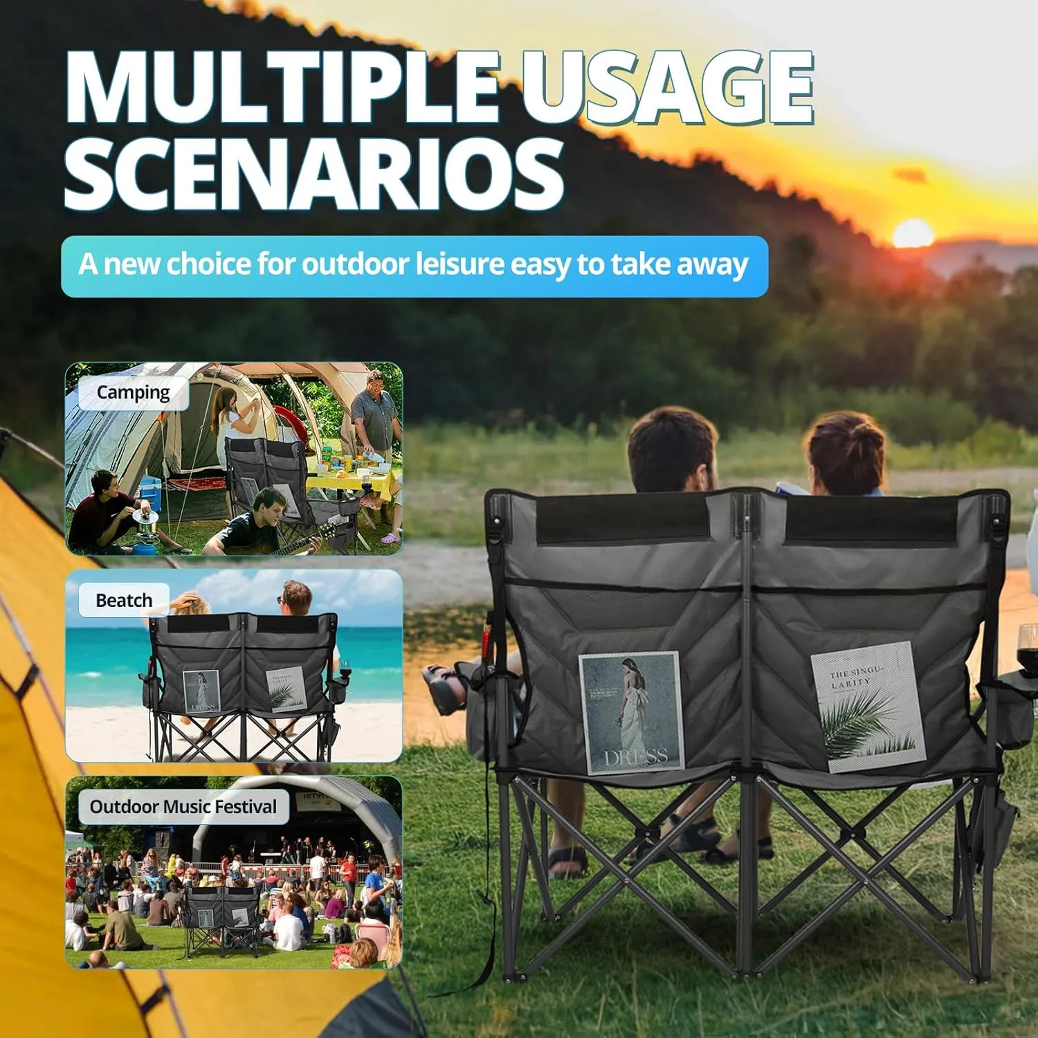 Double High-Back Camping Loveseat with Pillows, Dual Cup Holders & Cooler Bags - Oversized 2 Person Heavy Duty Folding Chair for Adults, 800LBS Capacity, Outdoor, Picnic, Lawn(BlackGrey)