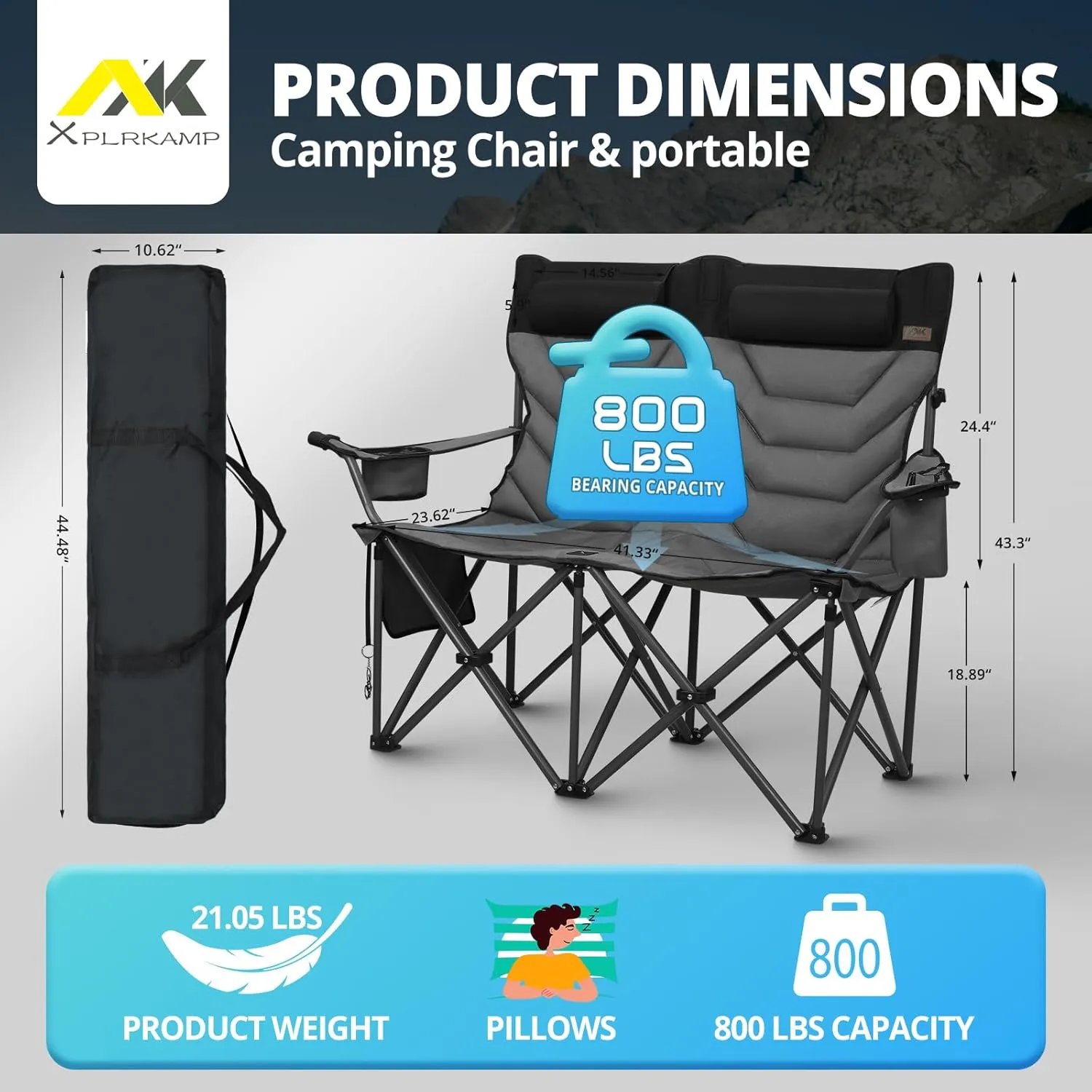 Double High-Back Camping Loveseat with Pillows, Dual Cup Holders & Cooler Bags - Oversized 2 Person Heavy Duty Folding Chair for Adults, 800LBS Capacity, Outdoor, Picnic, Lawn(BlackGrey)