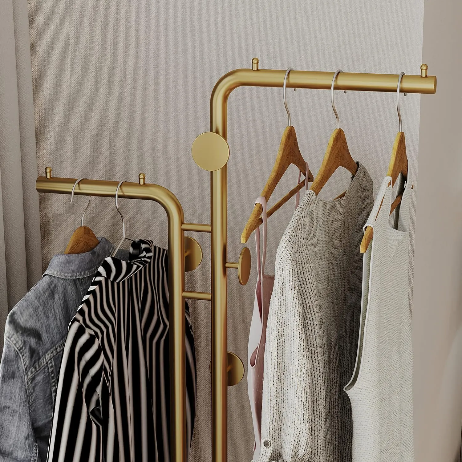 Double-pole Coat Rack Freestanding, Modern Metal Coat Racks Hanger Stand with 5 Hooks and Natural Marble Base, for Bedroom, Office, Hallway, Entryway, Living Room Gold