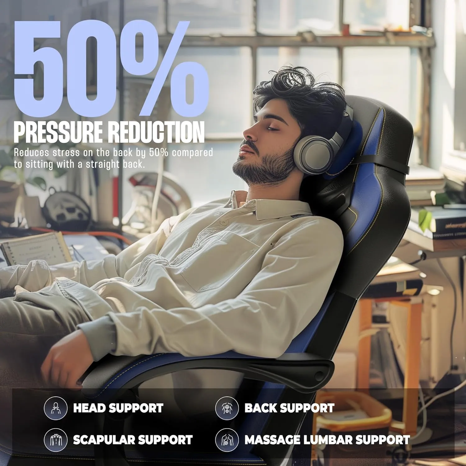 Dowinx Gaming Chair with Footrest, Big and Tall Gaming Chair for Heavy People, Gamer Chair for Adult with Massage (Blue)