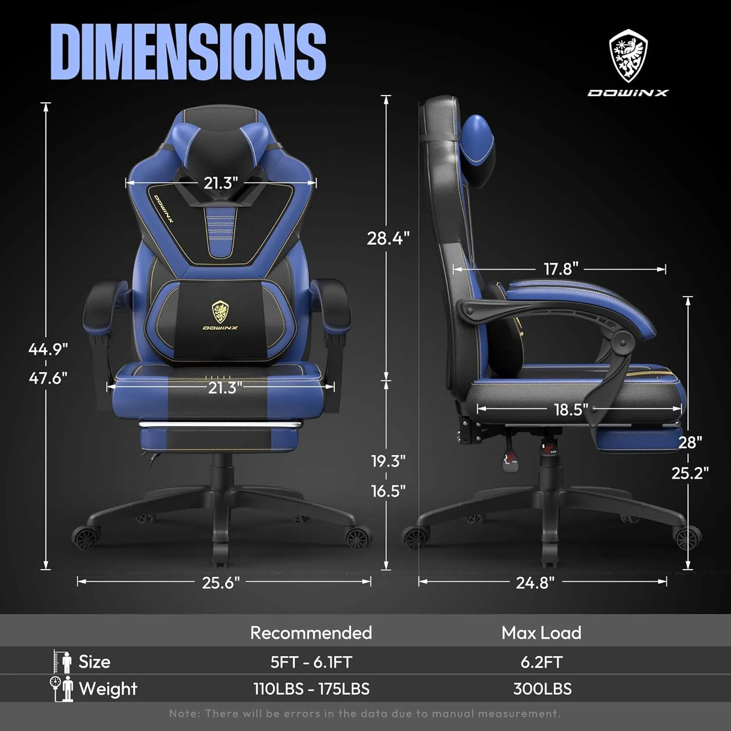 Dowinx Gaming Chair with Footrest, Big and Tall Gaming Chair for Heavy People, Gamer Chair for Adult with Massage (Blue)