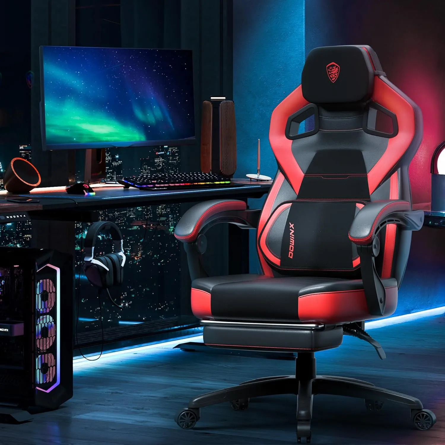 Dowinx Gaming Chair with Footrest, Big and Tall Gaming Chair for Heavy People, Gamer Chair for Adult with Massage, Ergonomic Gaming Chair with headrest, Computer Game Chair for 200lbs, Red