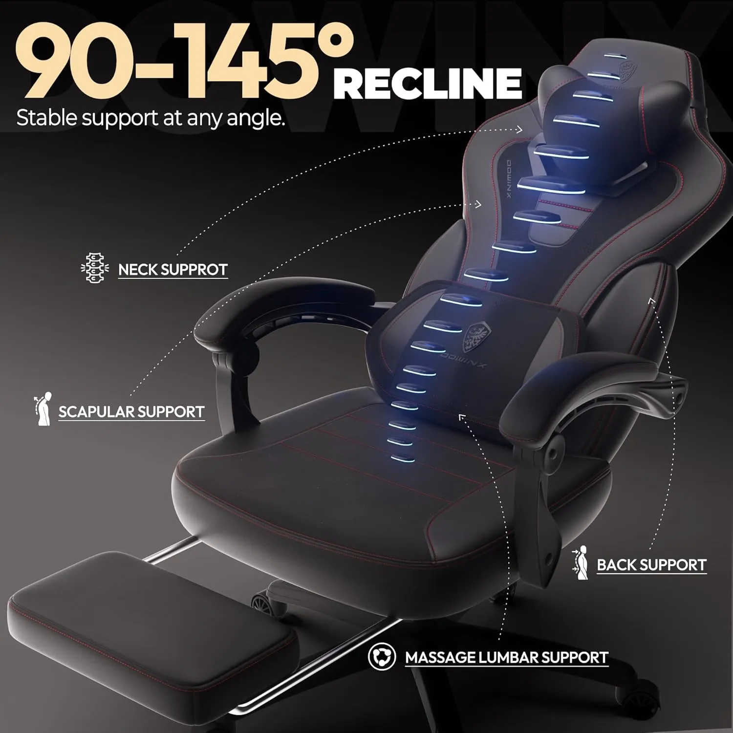 Dowinx Gaming Chair with Footrest,Big and Tall Game Chair for Heavy People, Gamer Chair with Massage Lumbar Support,Ergonomic Computer Gaming Chair for 200lbs (Black)