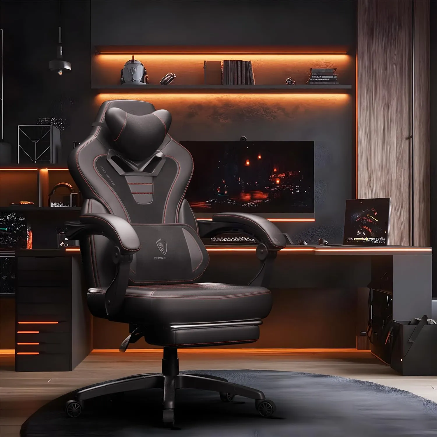 Dowinx Gaming Chair with Footrest,Big and Tall Game Chair for Heavy People, Gamer Chair with Massage Lumbar Support,Ergonomic Computer Gaming Chair for 200lbs (Black)