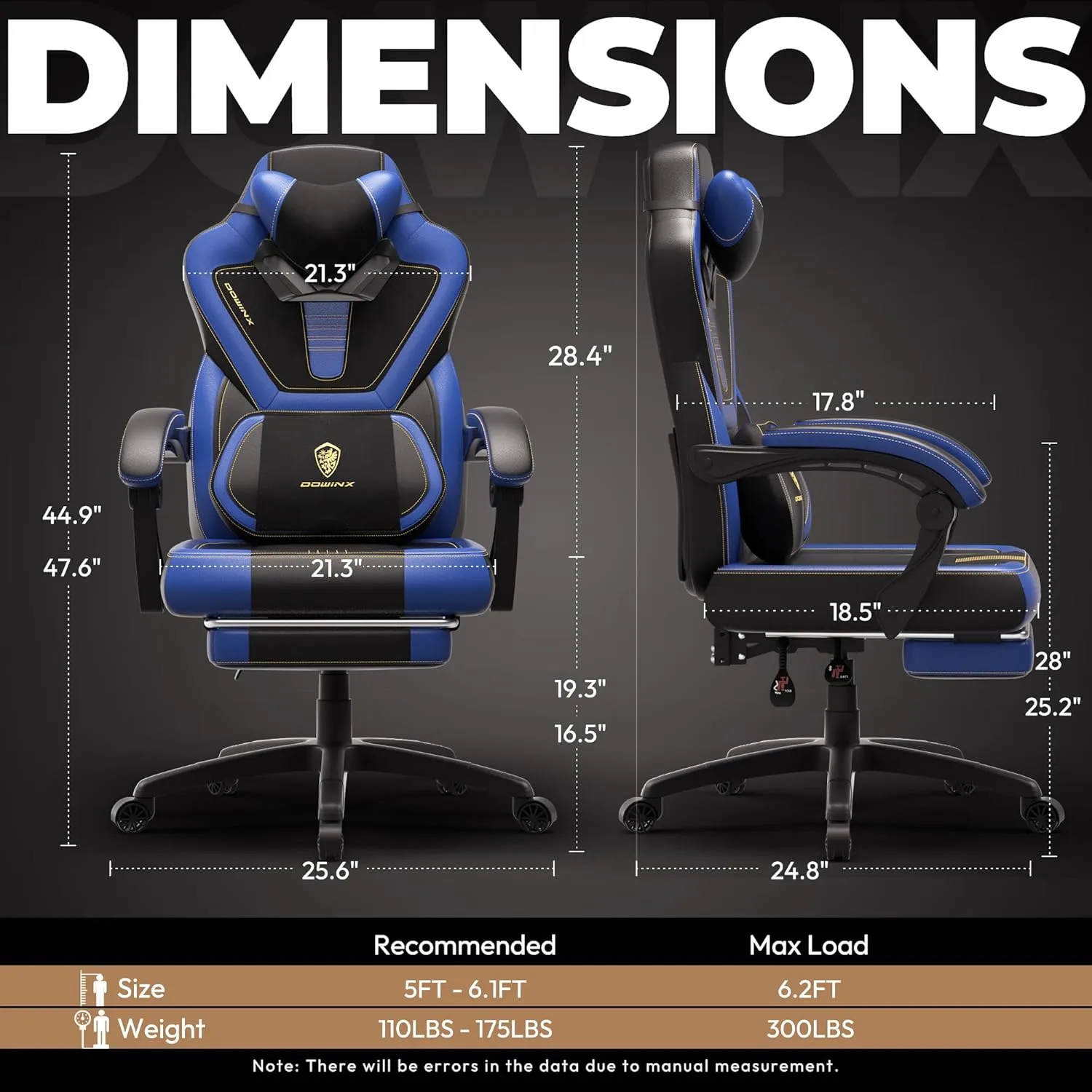 Dowinx Gaming Chair with Footrest,Big and Tall Game Chair for Heavy People, Gamer Chair with Massage Lumbar Support,Ergonomic Computer Gaming Chair for 200lbs (Blue)
