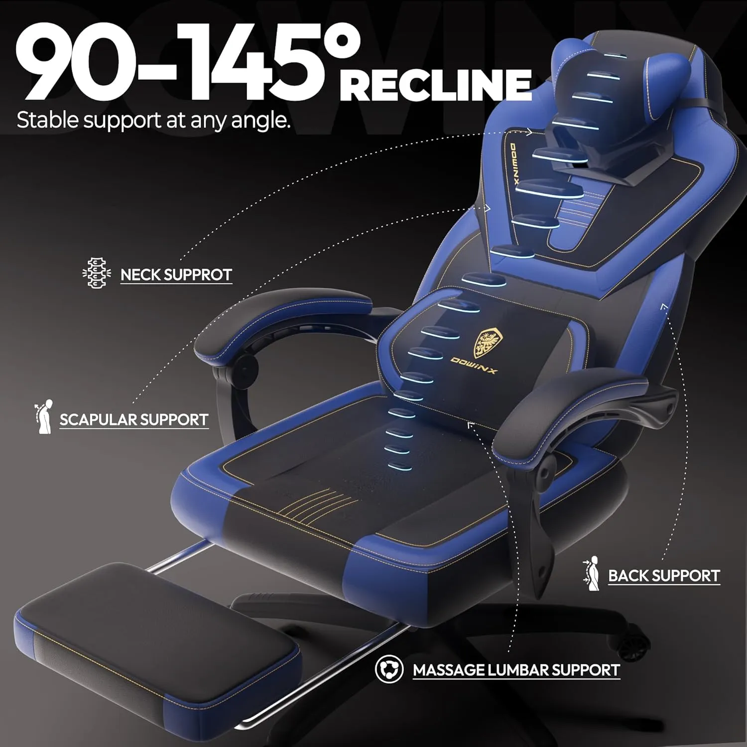 Dowinx Gaming Chair with Footrest,Big and Tall Game Chair for Heavy People, Gamer Chair with Massage Lumbar Support,Ergonomic Computer Gaming Chair for 200lbs (Blue)