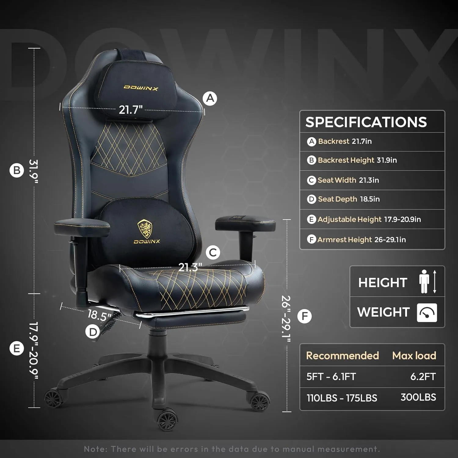 Dowinx Heated Massage Gaming Chair for Adults, Ergonomic Gamer Chair with Sofa-Grade Pocket Spring Cushion and with Lumbar Support, Reclining Computer Chair with Adjustable Footrest, Black Gold