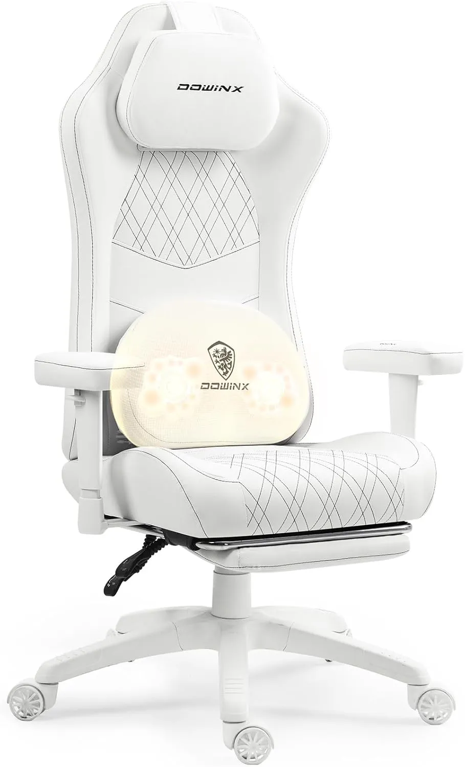 Dowinx Heated Massage Gaming Chair for Adults, Ergonomic Gamer Chair with Sofa-Grade Pocket Spring Cushion and with Lumbar Support, Reclining Computer Chair with Adjustable Footrest, White