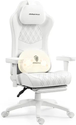 Dowinx Heated Massage Gaming Chair for Adults, Ergonomic Gamer Chair with Sofa-Grade Pocket Spring Cushion and with Lumbar Support, Reclining Computer Chair with Adjustable Footrest, White