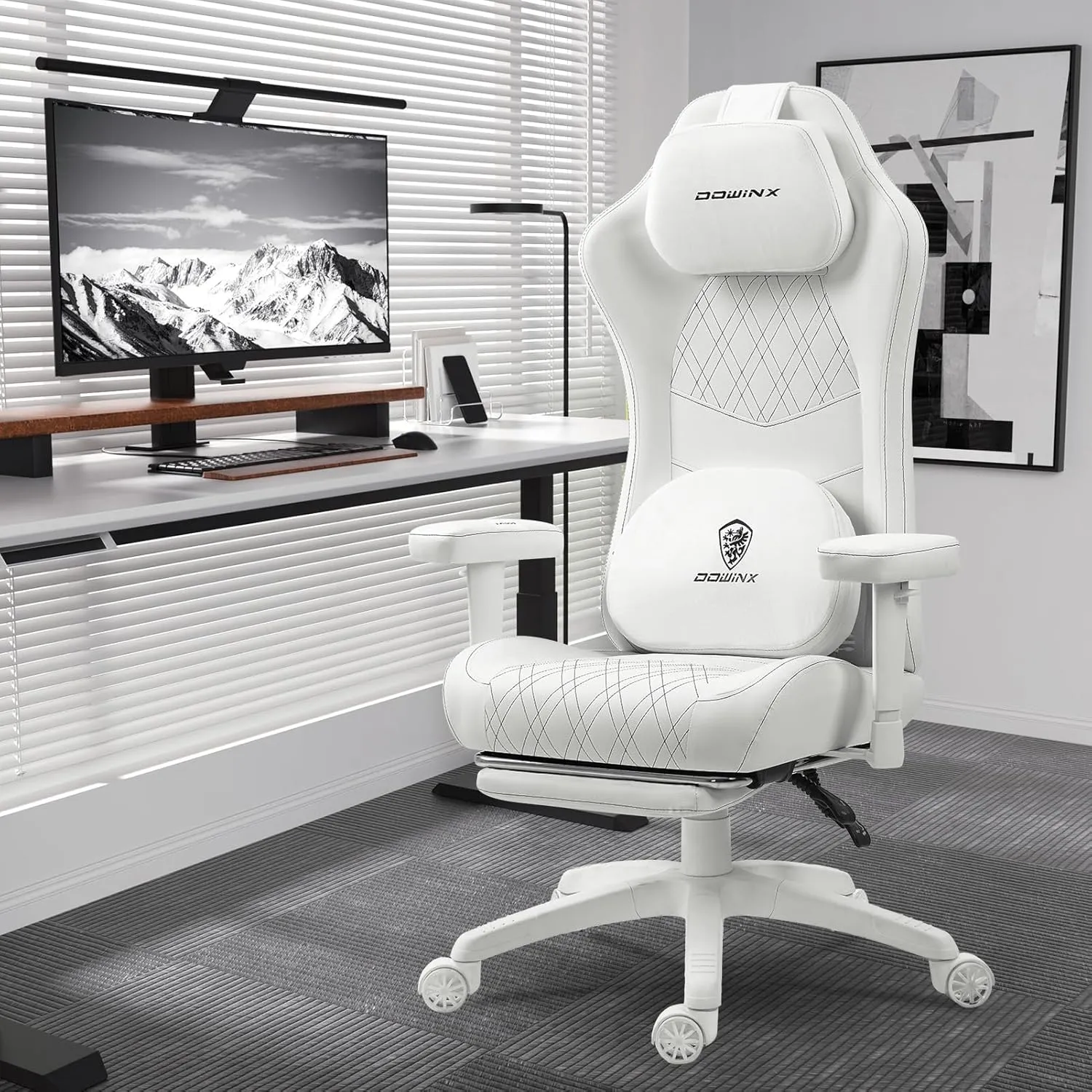 Dowinx Heated Massage Gaming Chair for Adults, Ergonomic Gamer Chair with Sofa-Grade Pocket Spring Cushion and with Lumbar Support, Reclining Computer Chair with Adjustable Footrest, White