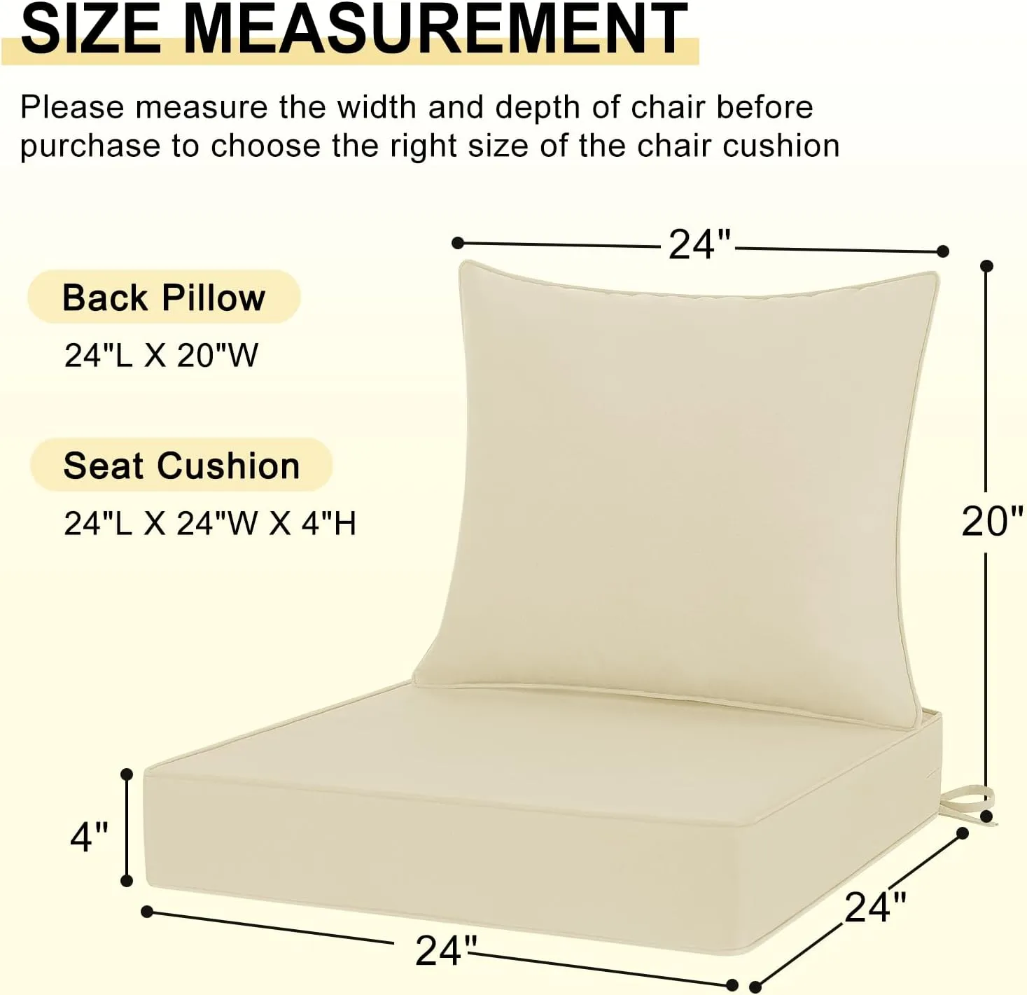 downluxe Waterproof Outdoor Chair Cushions 24x24, Outdoor Cushions for Patio Furniture with Removable Cover, Outdoor Deep Seat Patio Cushion Set with Backrest for Sofa, Couch and Patio Chairs, Beige