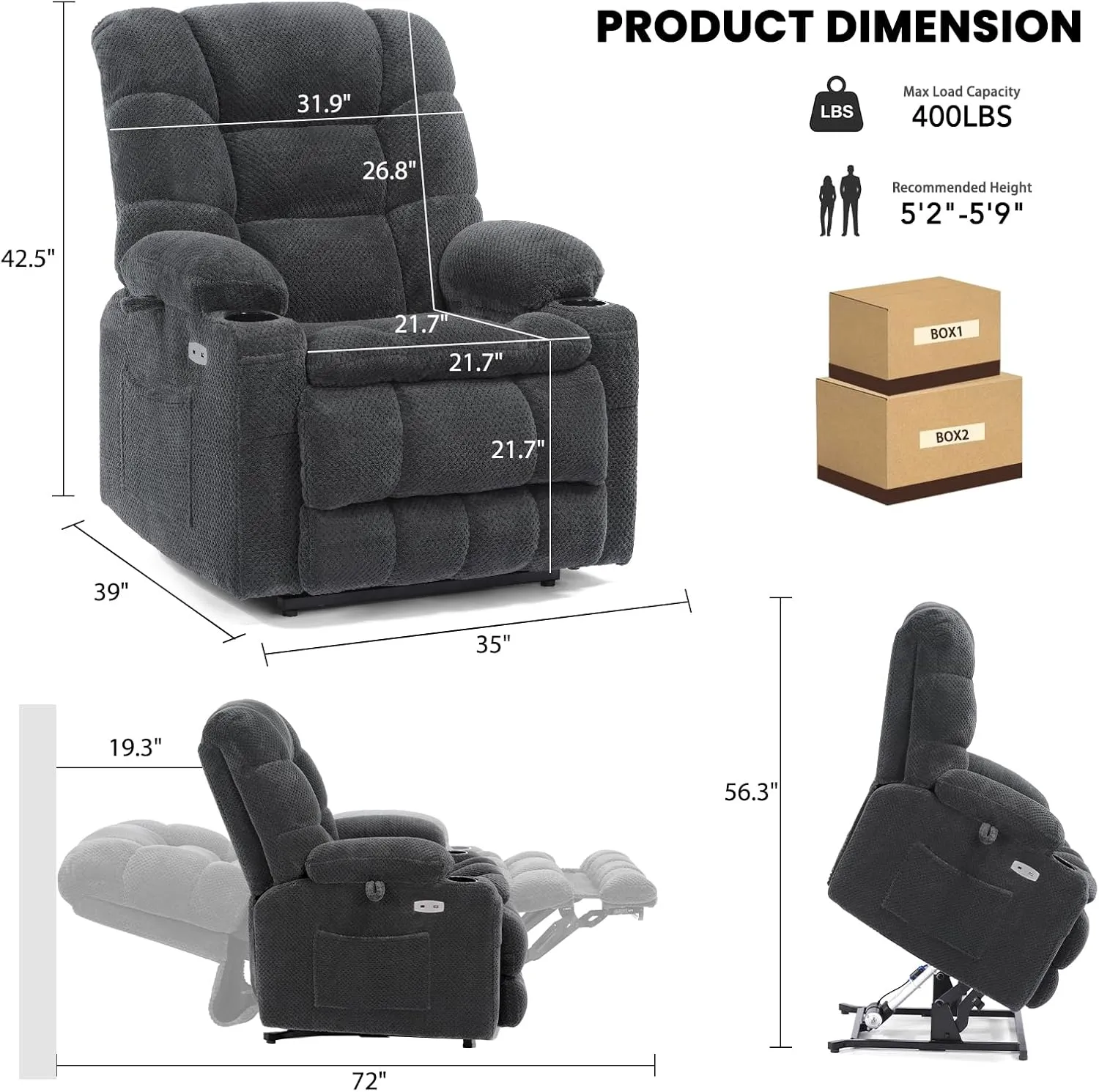 Dual Motor Lay Flat Power Lift Recliner Chair for Elderly, Electric Recliner Lift Chairs for Adults with Cup Holders, Heavy Duty Power Recliner Sofa with Heat and Massage, Dark Gray Grey
