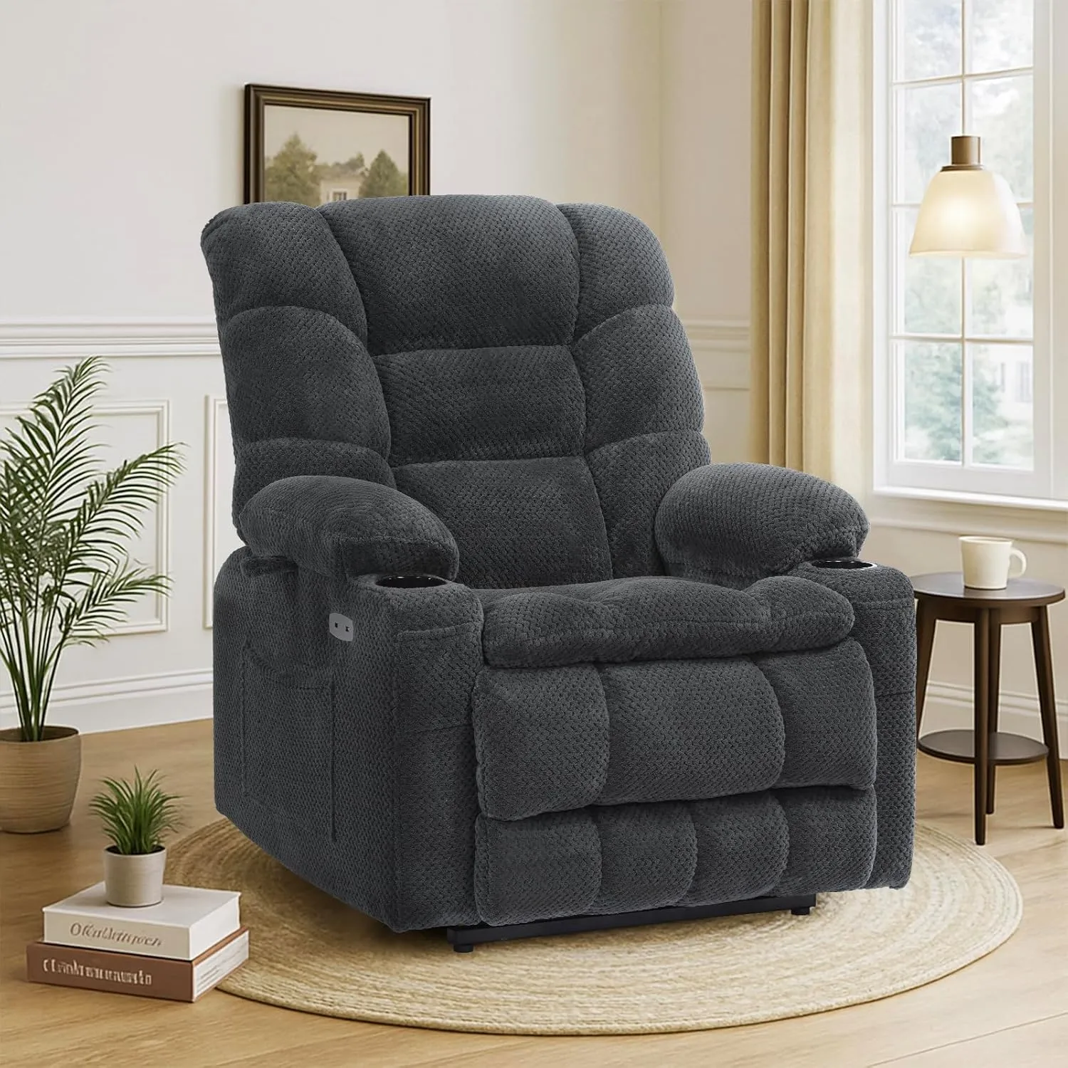 Dual Motor Lay Flat Power Lift Recliner Chair for Elderly, Electric Recliner Lift Chairs for Adults with Cup Holders, Heavy Duty Power Recliner Sofa with Heat and Massage, Dark Gray Grey
