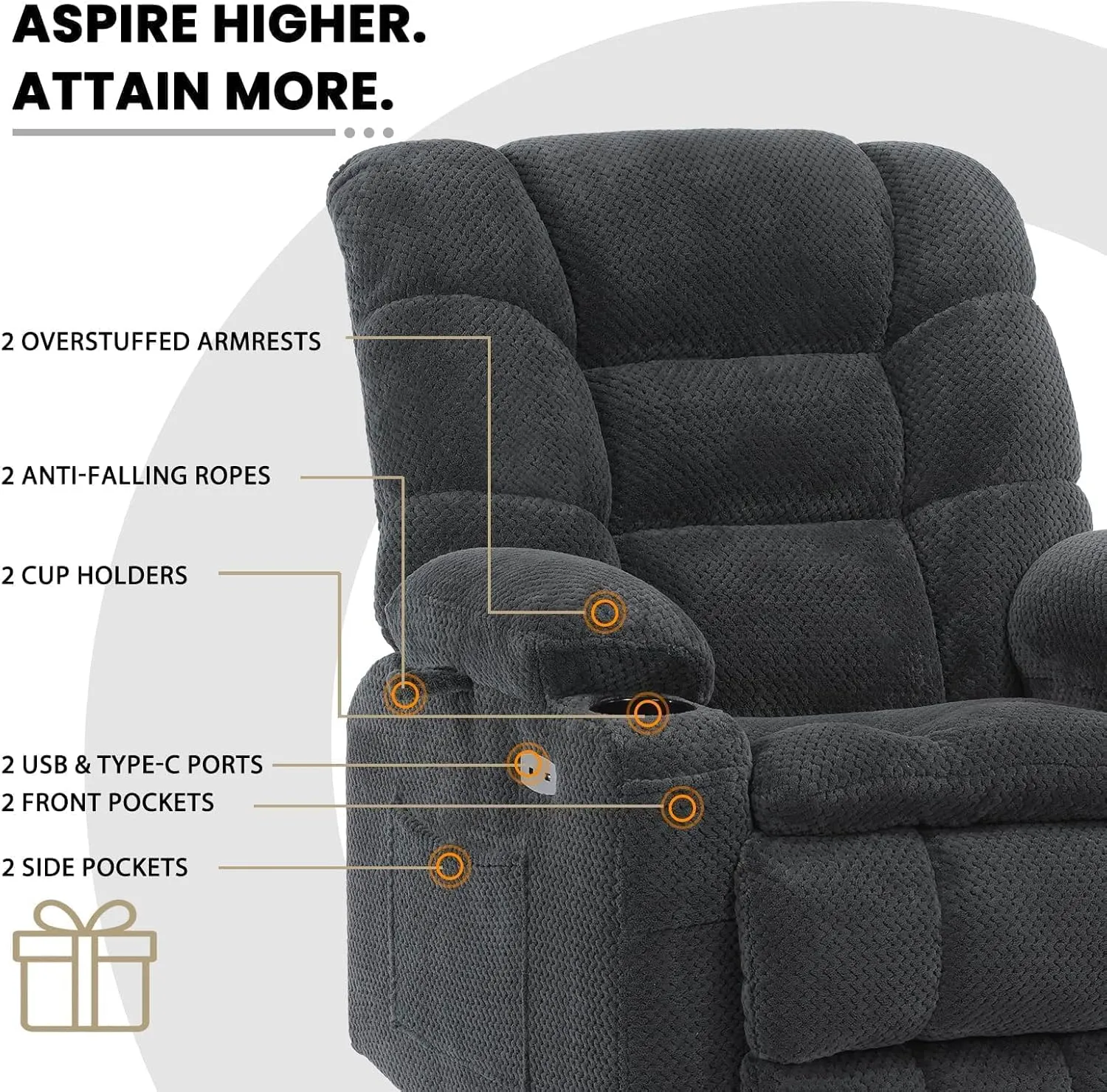 Dual Motor Lay Flat Power Lift Recliner Chair for Elderly, Electric Recliner Lift Chairs for Adults with Cup Holders, Heavy Duty Power Recliner Sofa with Heat and Massage, Dark Gray Grey