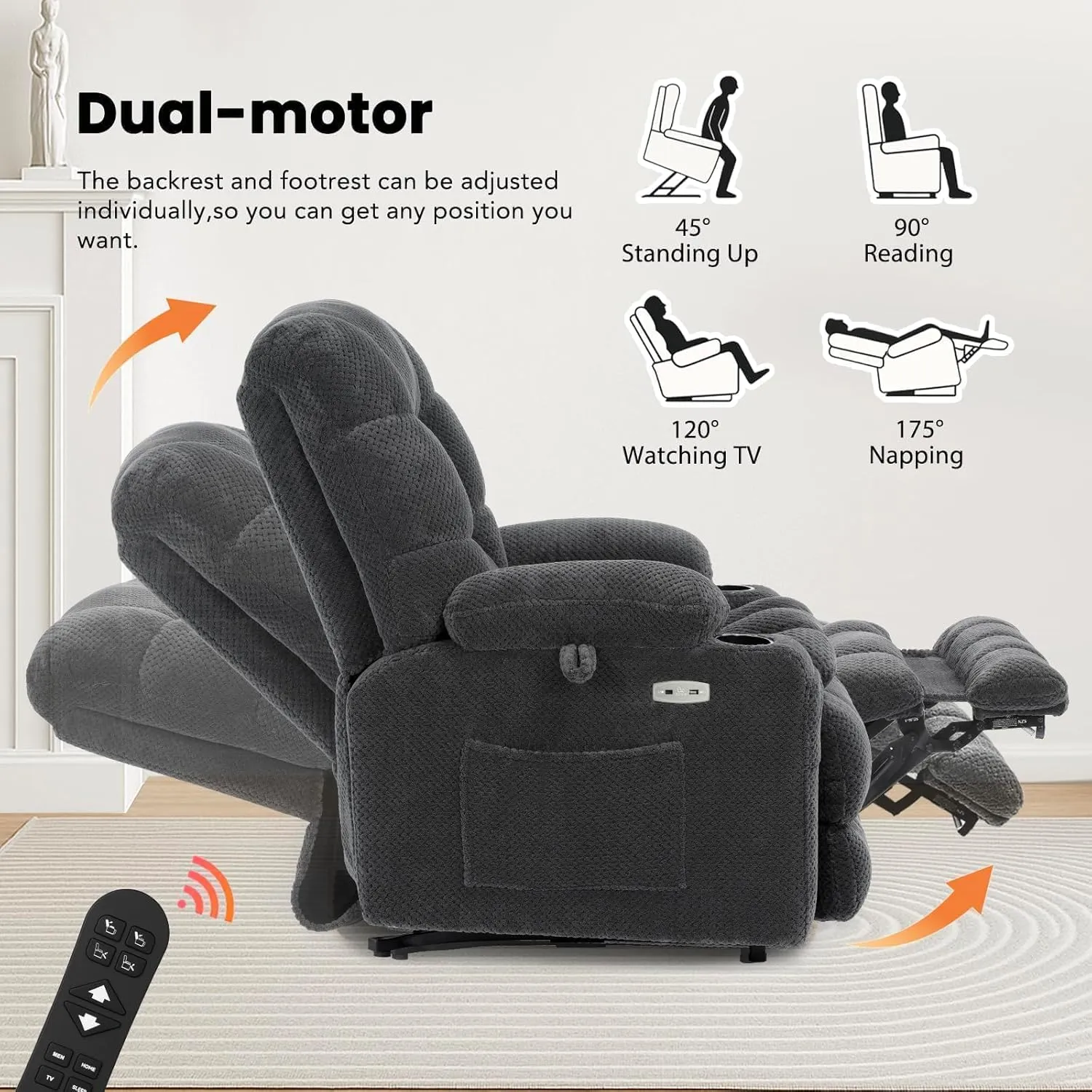 Dual Motor Lay Flat Power Lift Recliner Chair for Elderly, Electric Recliner Lift Chairs for Adults with Cup Holders, Heavy Duty Power Recliner Sofa with Heat and Massage, Dark Gray Grey