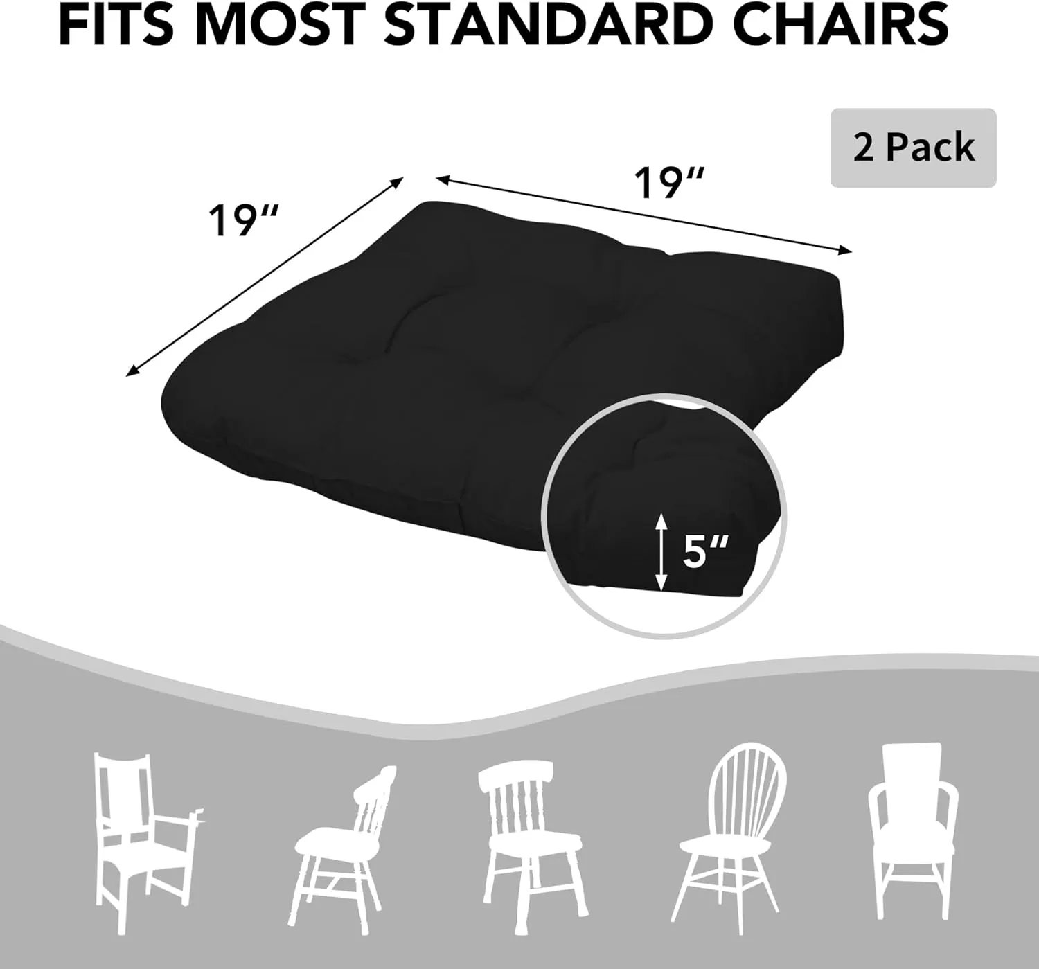 Easy-Going 2 Pack 19"x19" Outdoor Water Resistant Patio Wicker Chair Cushions Reversible Tufted Pads Seat Indoor Furniture Black