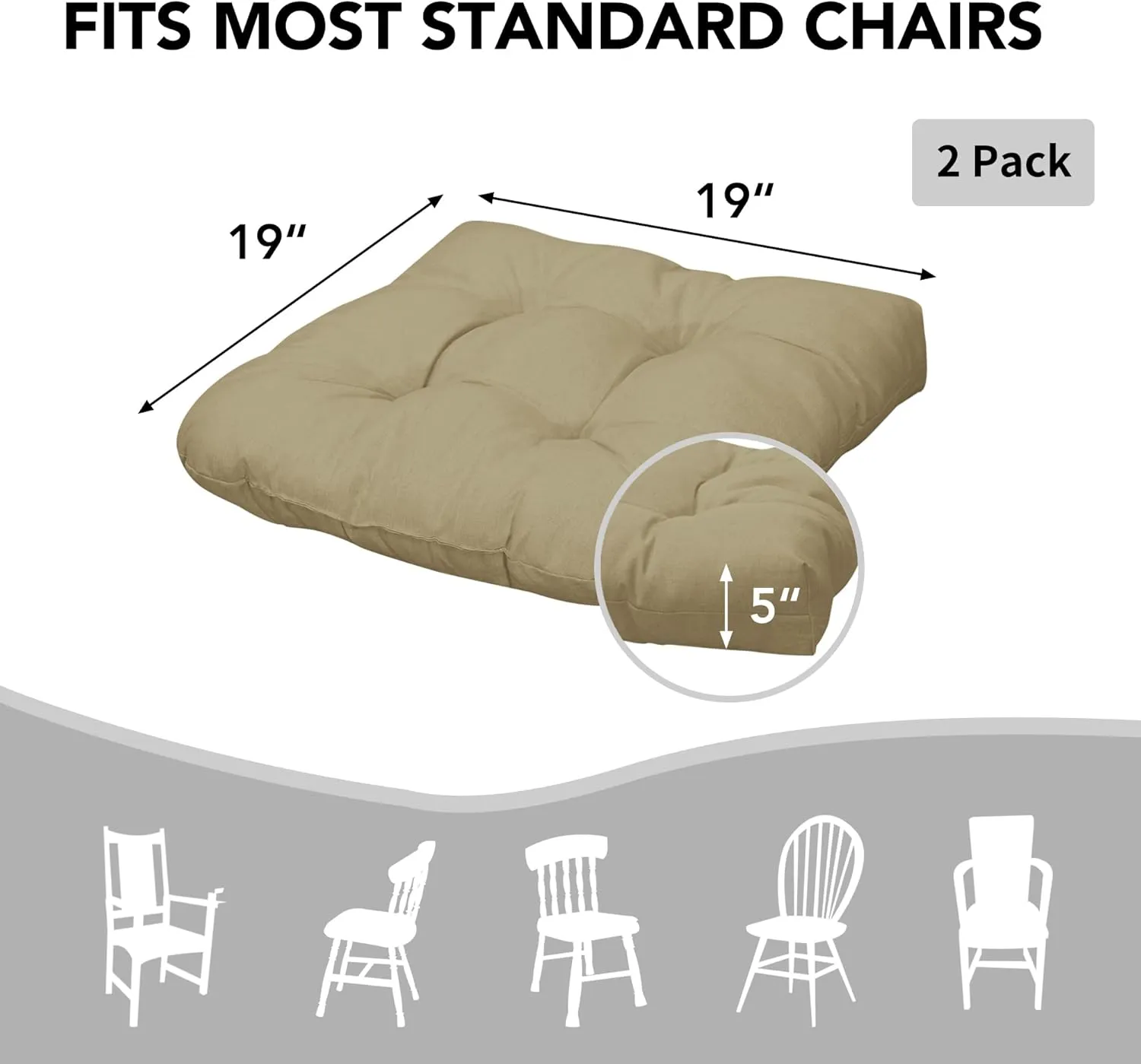 Easy-Going 2 Pack 19"x19" Outdoor Water Resistant Patio Wicker Chair Cushions Reversible Tufted Pads Seat Indoor Furniture Khaki