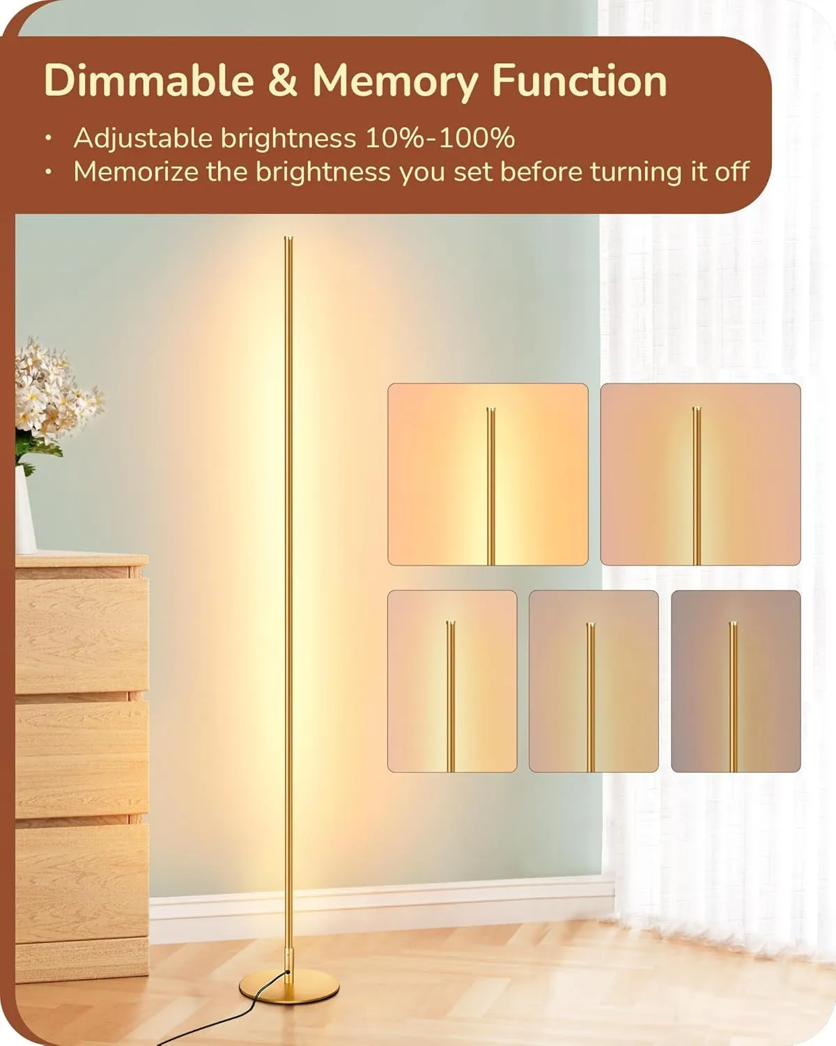 EDISHINE LED Corner Floor Lamp with Remote, 57.5" Minimalist Dimmable Light, Standing Tall Lamp for Living Room, Bedroom, Office, 3000K Warm White Light (Gold)