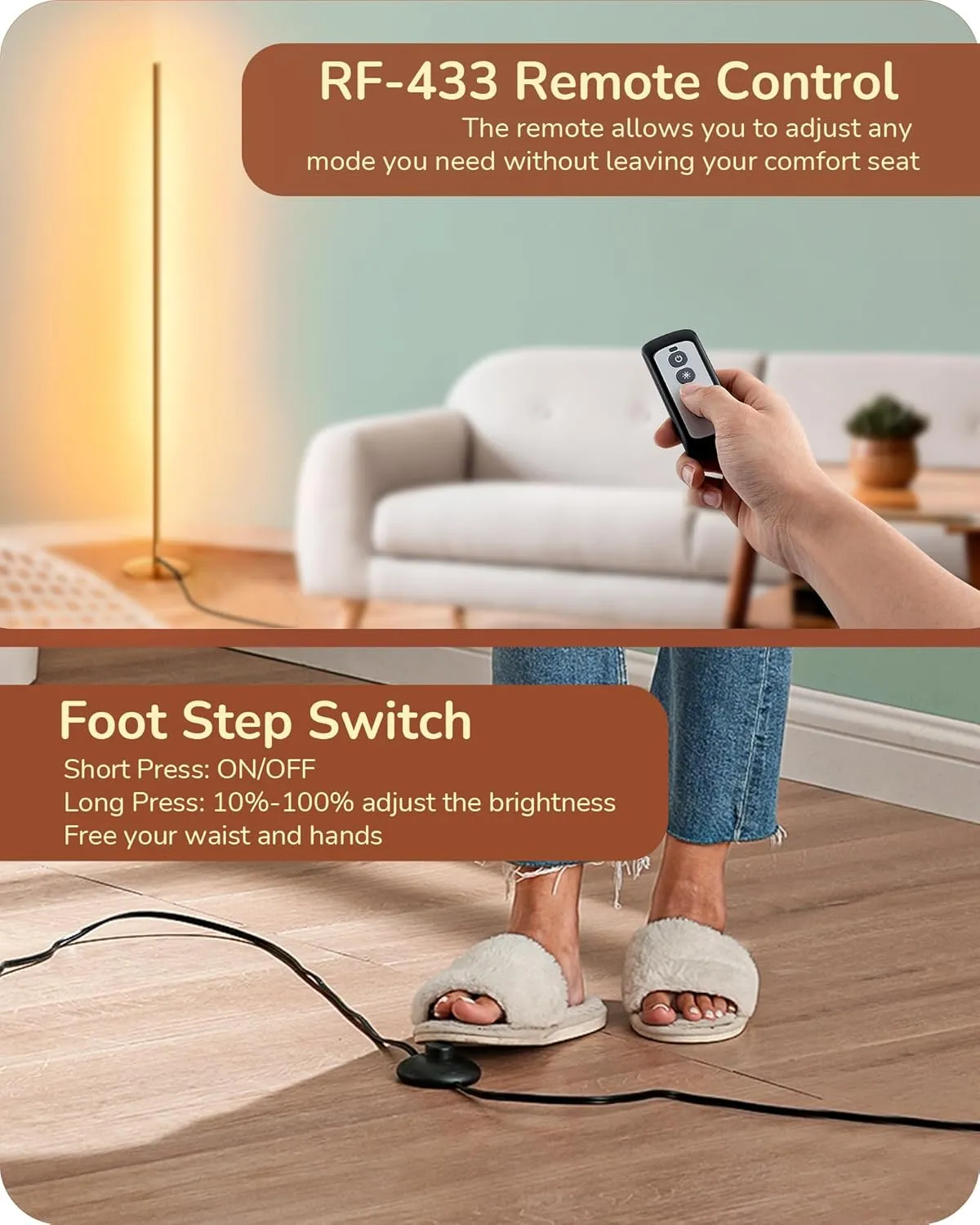 EDISHINE LED Corner Floor Lamp with Remote, 57.5" Minimalist Dimmable Light, Standing Tall Lamp for Living Room, Bedroom, Office, 3000K Warm White Light (Gold)