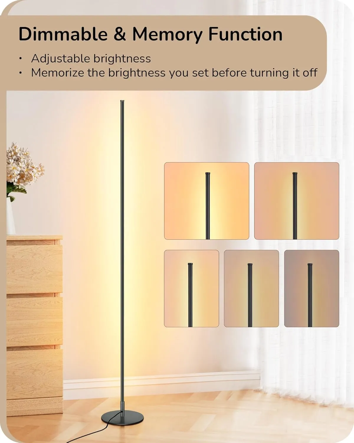 EDISHINE LED Corner Floor Lamp with Remote, 57.5" Minimalist Dimmable Mood Lighting, Standing Tall Floor Lamp for Living Room, Bedroom, Home Office, 3000K Warm White Light (Black)