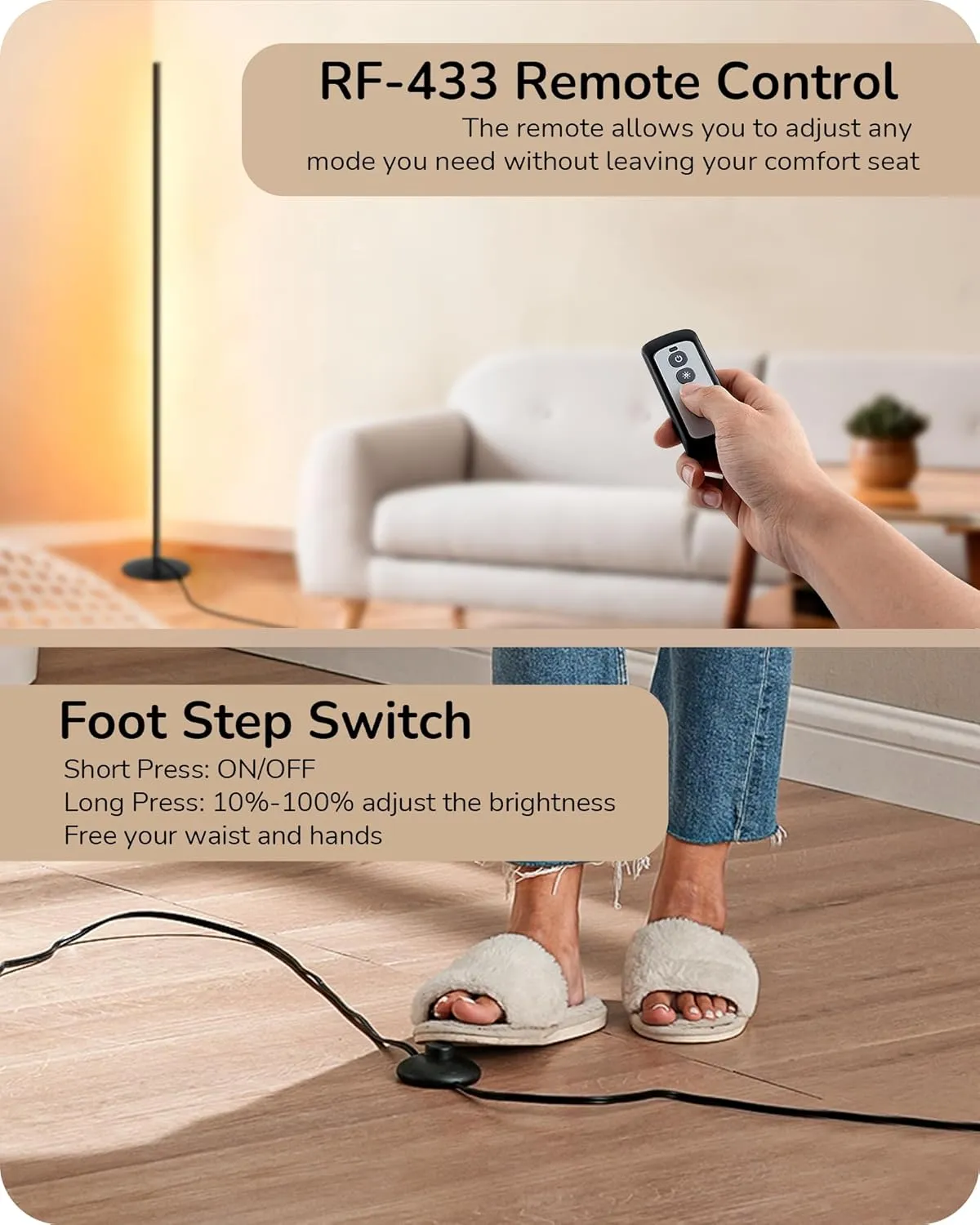 EDISHINE LED Corner Floor Lamp with Remote, 57.5" Minimalist Dimmable Mood Lighting, Standing Tall Floor Lamp for Living Room, Bedroom, Home Office, 3000K Warm White Light (Black)