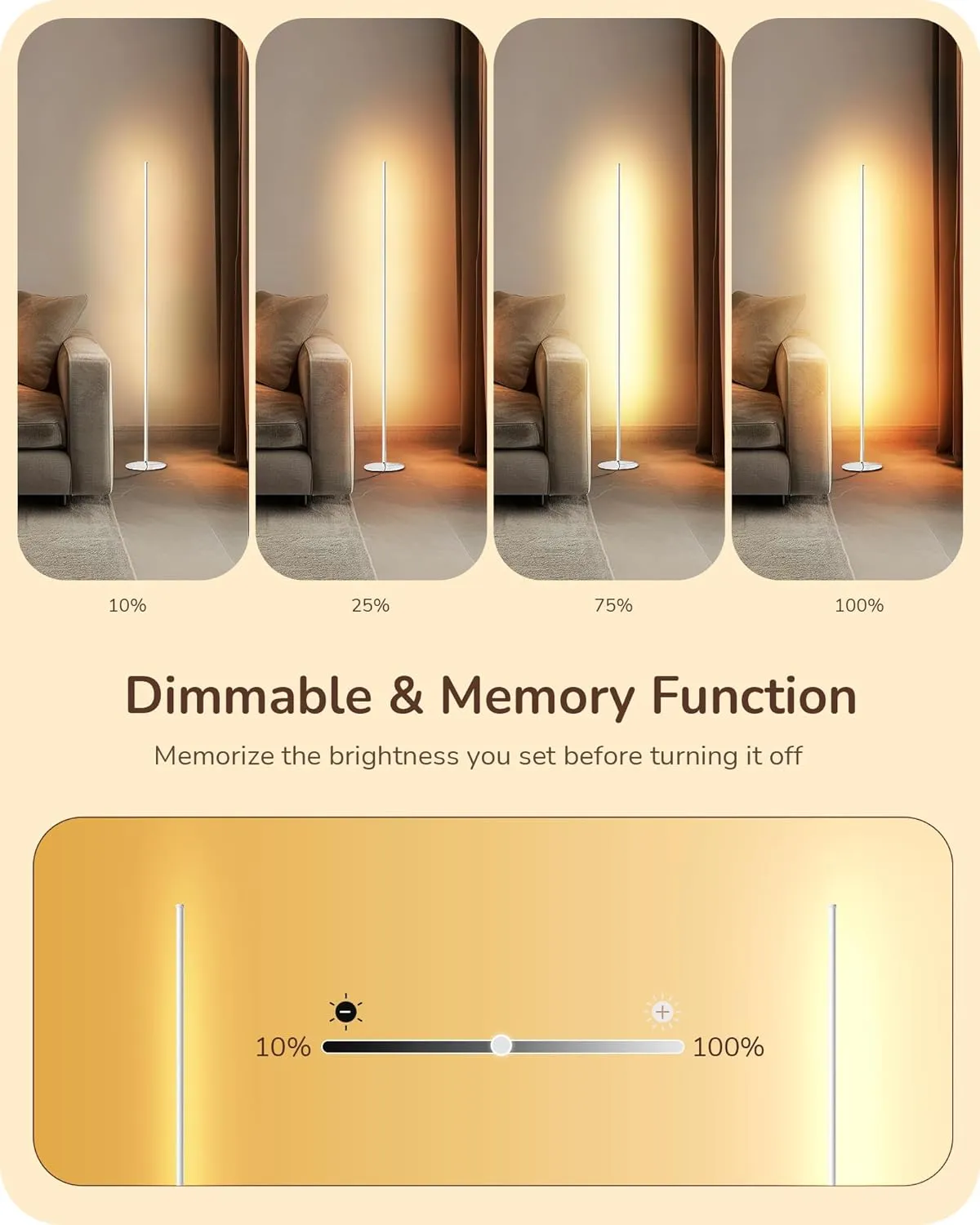 EDISHINE LED Corner Floor Lamp with Remote, 57.5" Minimalist Dimmable Mood Lighting, Standing Tall Pole Lamp for Living Room, Bedroom, Home Office, 3000K Warm White Light (White)