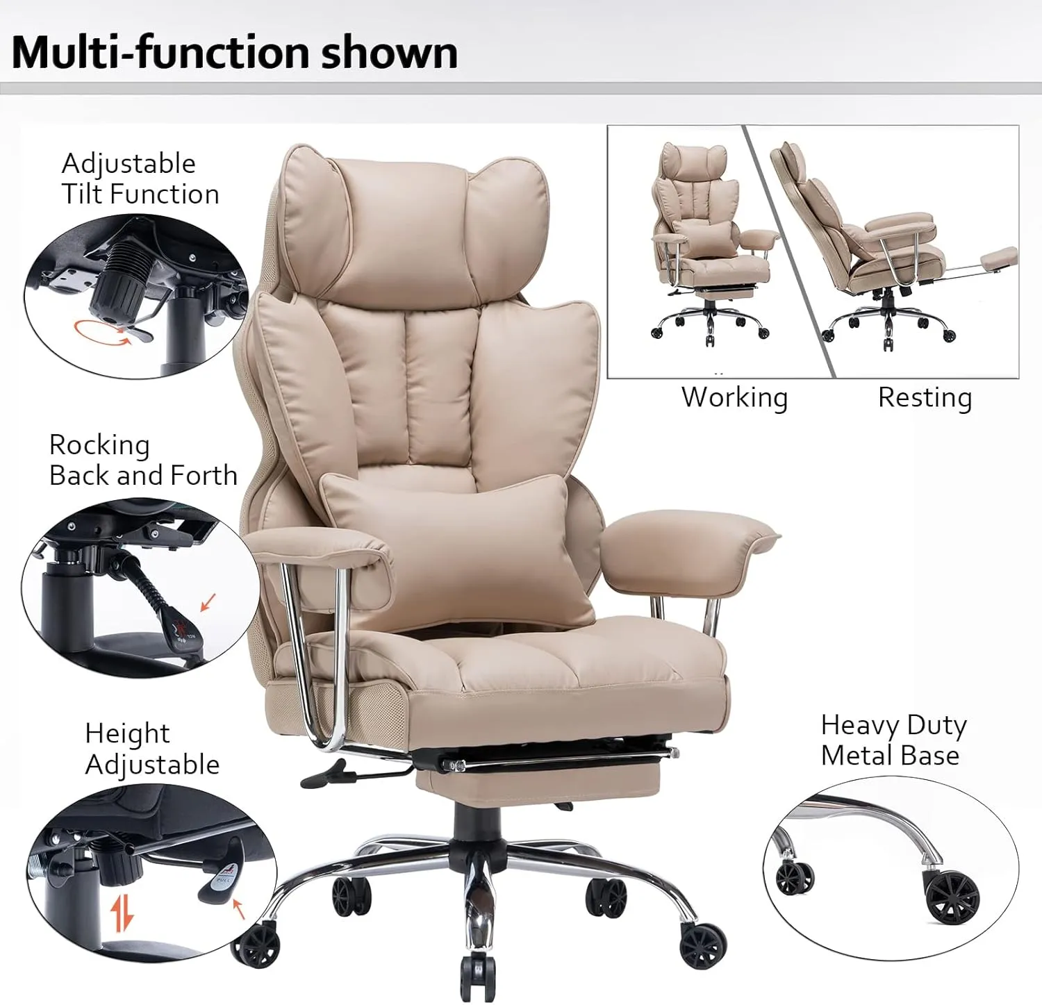 Efomao Big and Tall Office Chair 400lbs – PU Leather Executive Office Chair with Lumbar Support & Leg Rest, Heavy-Duty Computer Chair for Home Office, Dark Beige by boahaus