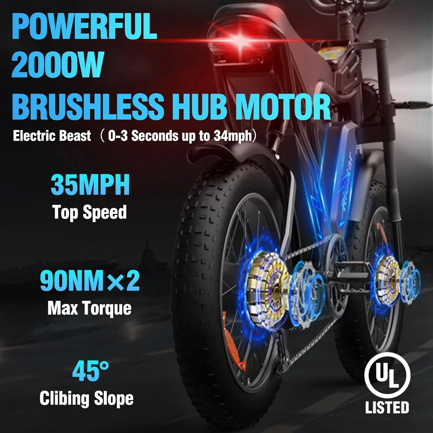 Electric Bike for Adults Q20, 2000/1500W, 37/30MPH,52V 40AH,48V/20AH E-Bike,30-180 Miles Electric Motorcycle, 20" Fat Tire Dirt Bike, UL2849 All Terrain for Mountains, Snow, Sand, Road